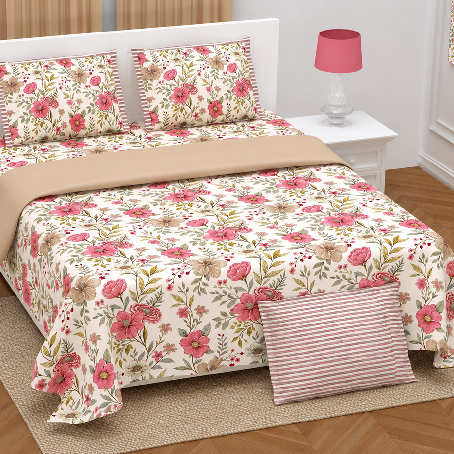 Pink Beige Floral Twill Cotton King Size Bedsheet