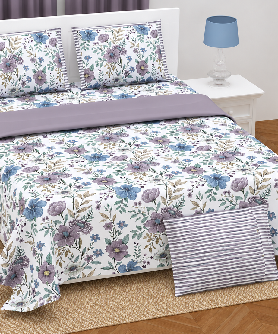Lavender Blue Floral Twill Cotton King Size Bedsheet