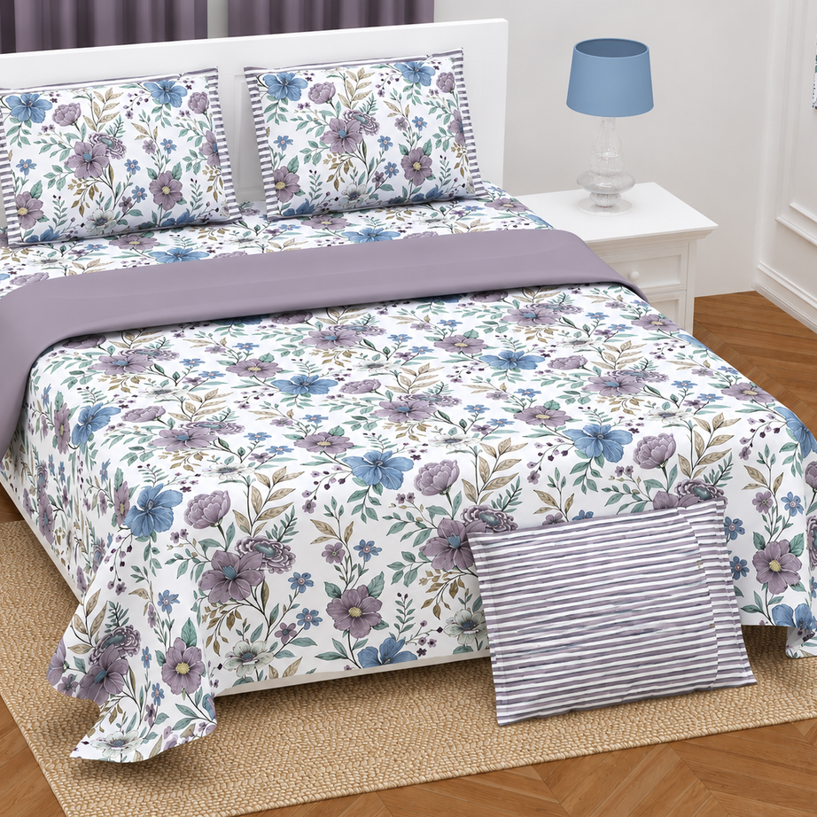 Lavender Blue Floral Twill Cotton King Size Bedsheet