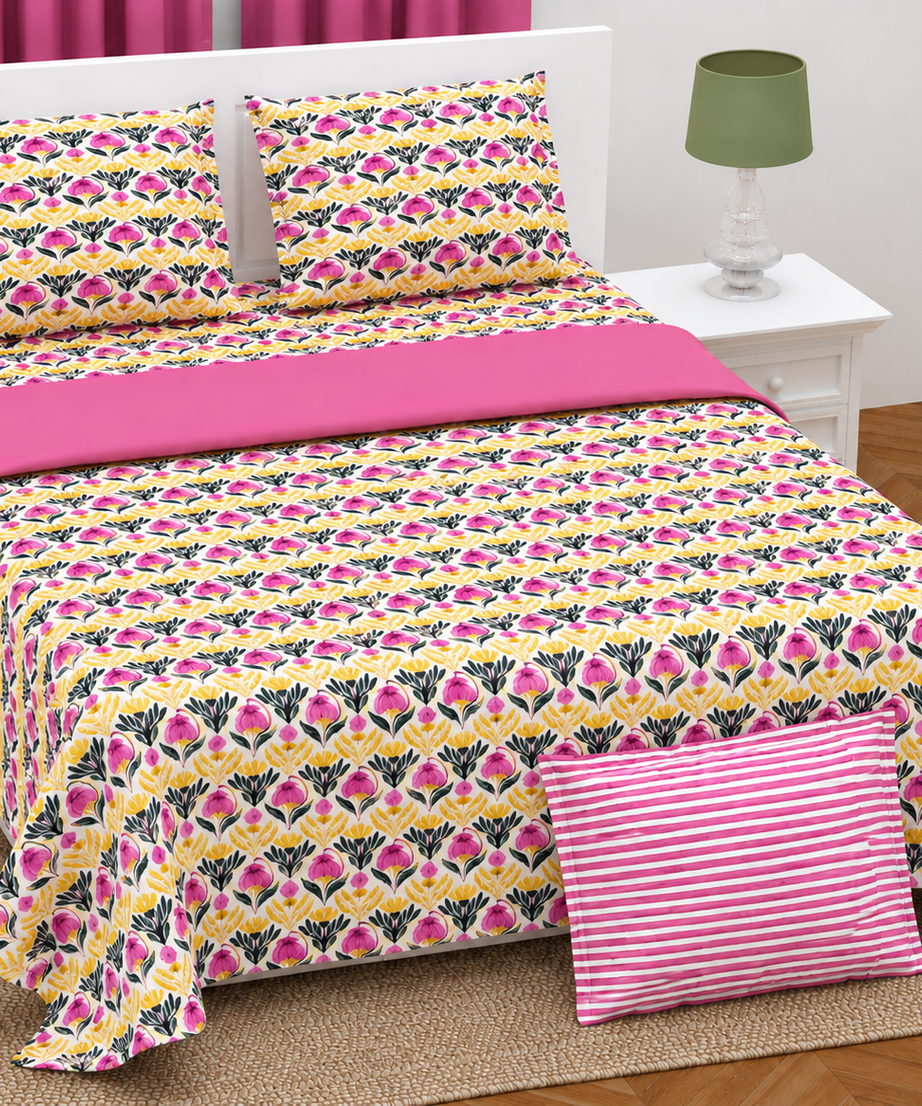 Pink Yellow Floral Twill Cotton King Size Bedsheet