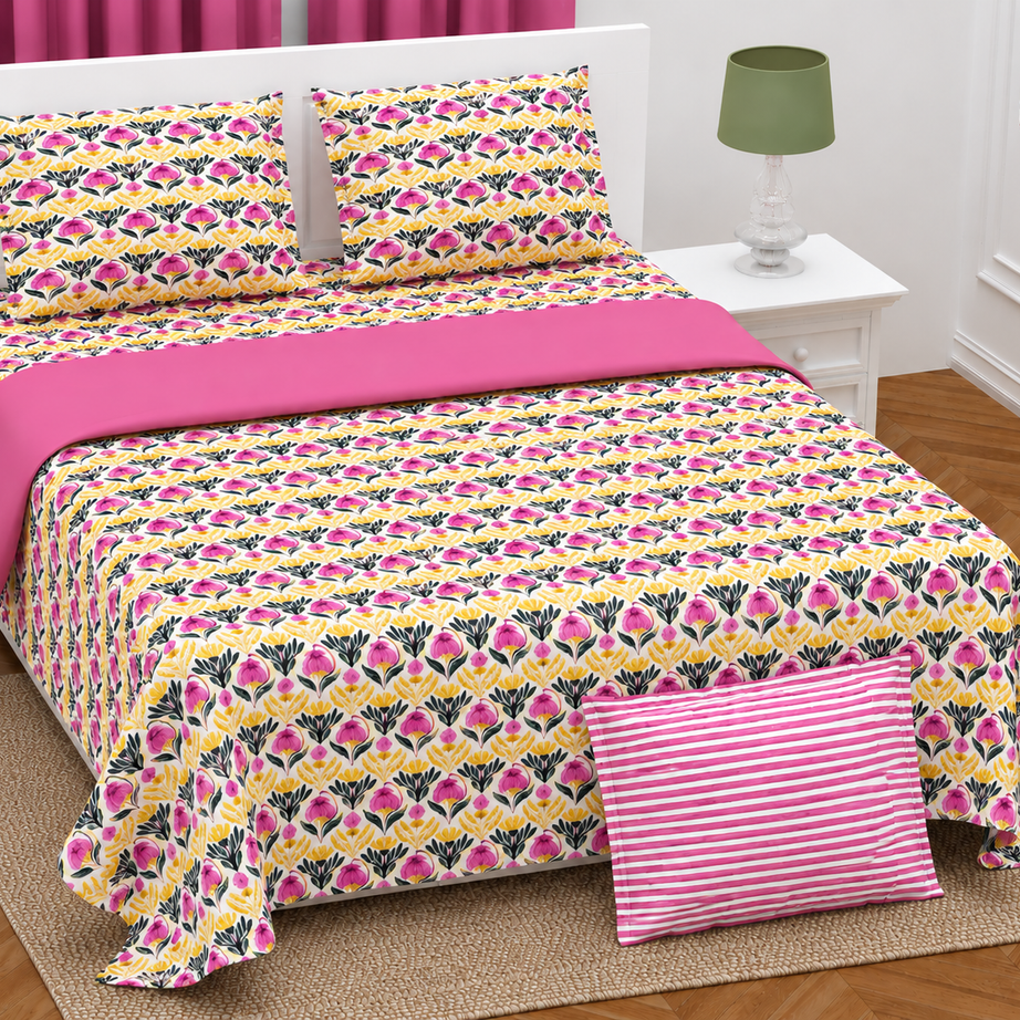 Pink Yellow Floral Twill Cotton King Size Bedsheet