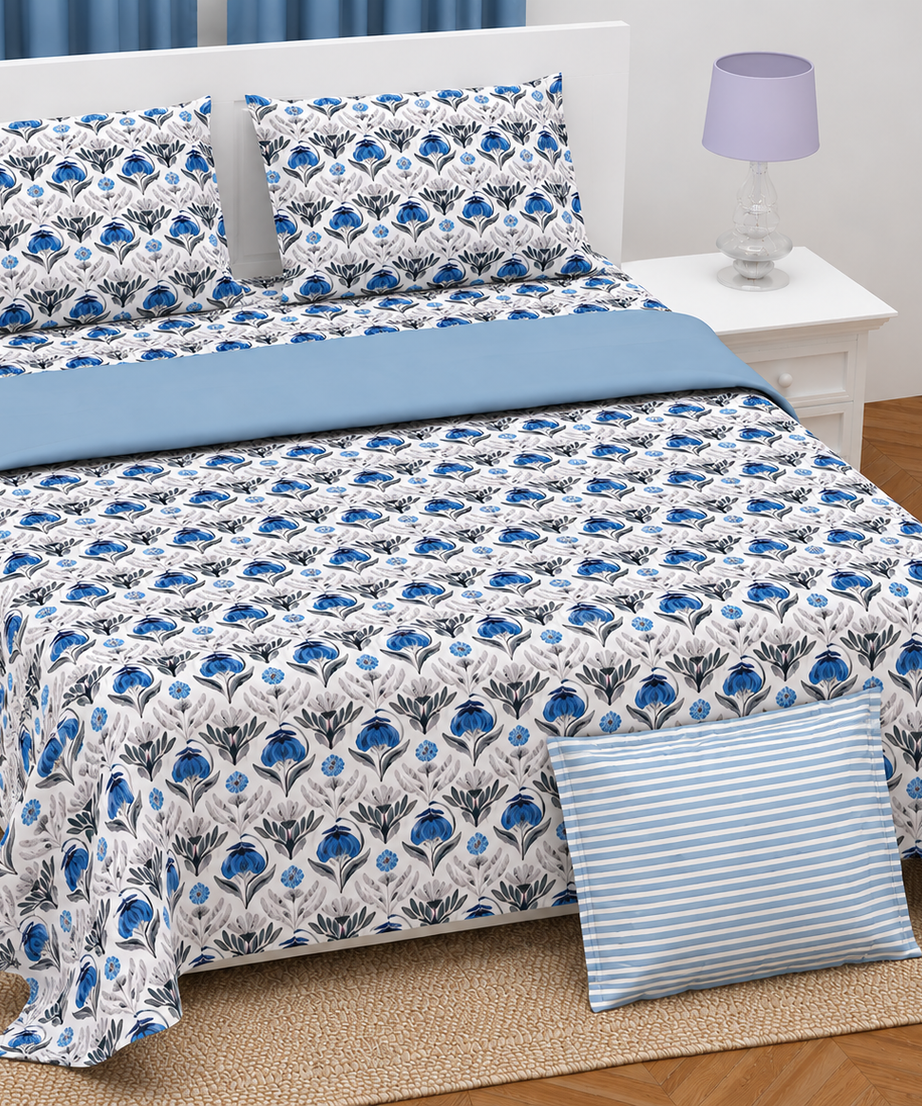 Blue Floral Motif Twill Cotton King Size Bedsheet