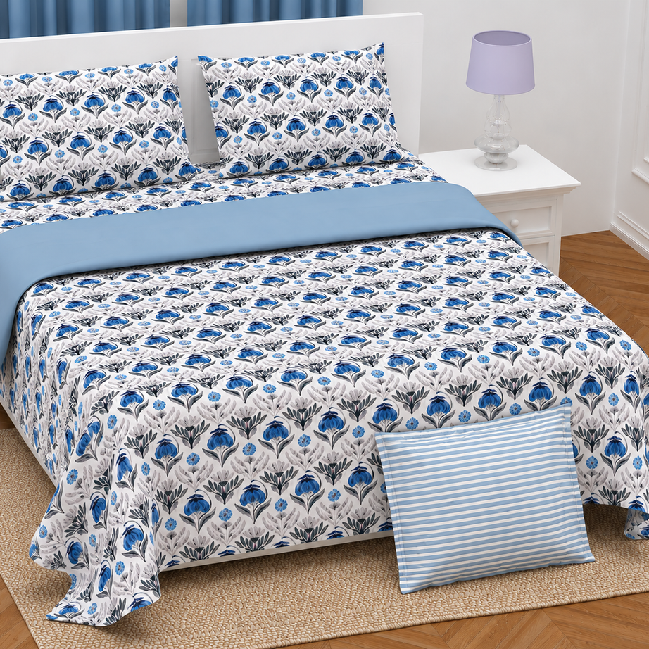 Blue Floral Motif Twill Cotton King Size Bedsheet