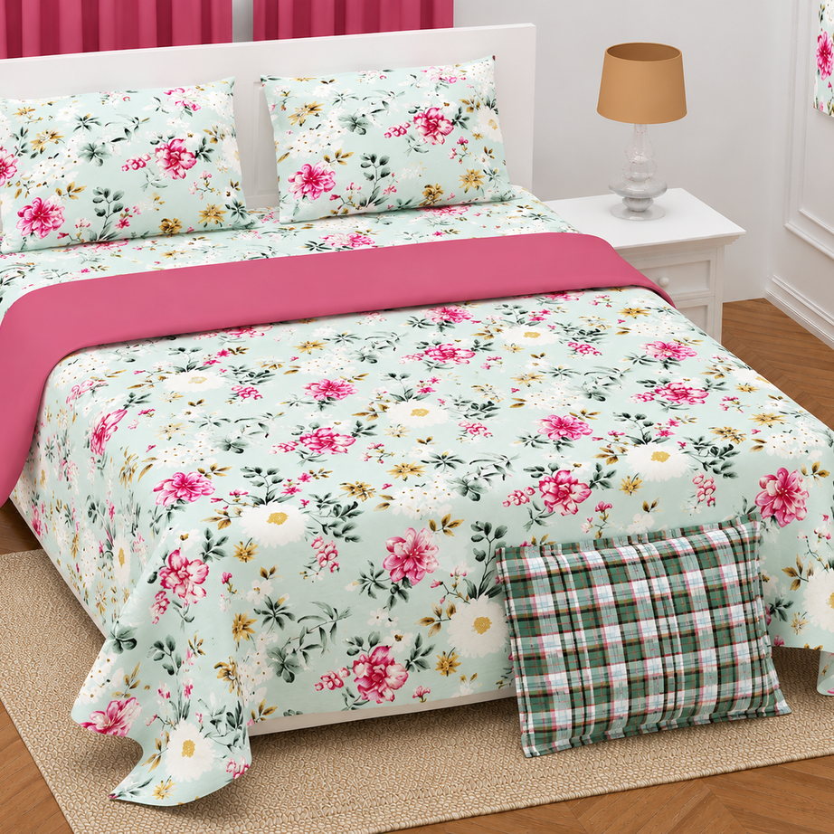 Mint Pink Floral Twill Cotton King Size Bedsheet