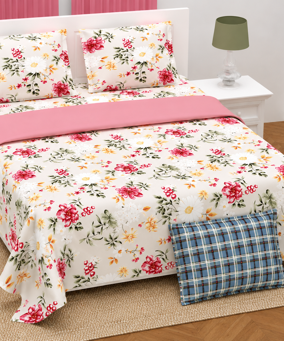 Pink Daisy Floral Twill Cotton King Size Bedsheet