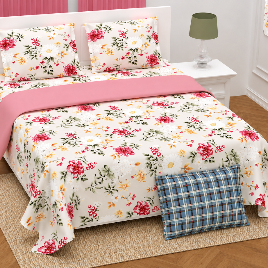 Pink Daisy Floral Twill Cotton King Size Bedsheet