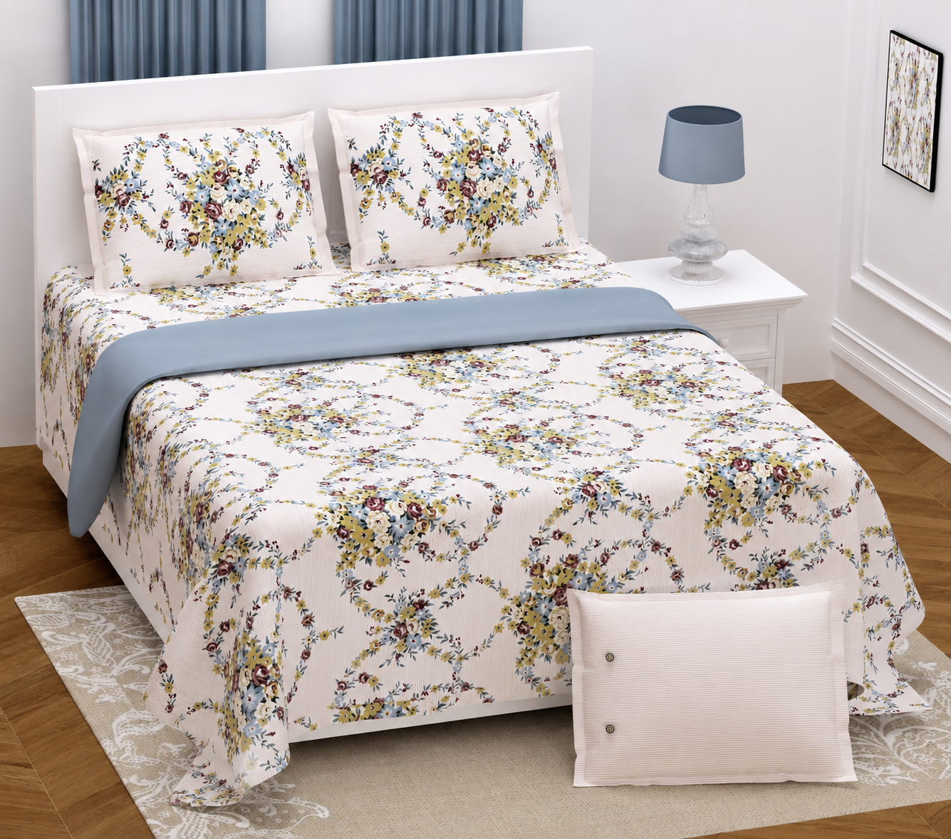 Vintage Floral Bouquet Twill Cotton King Size Bedsheet
