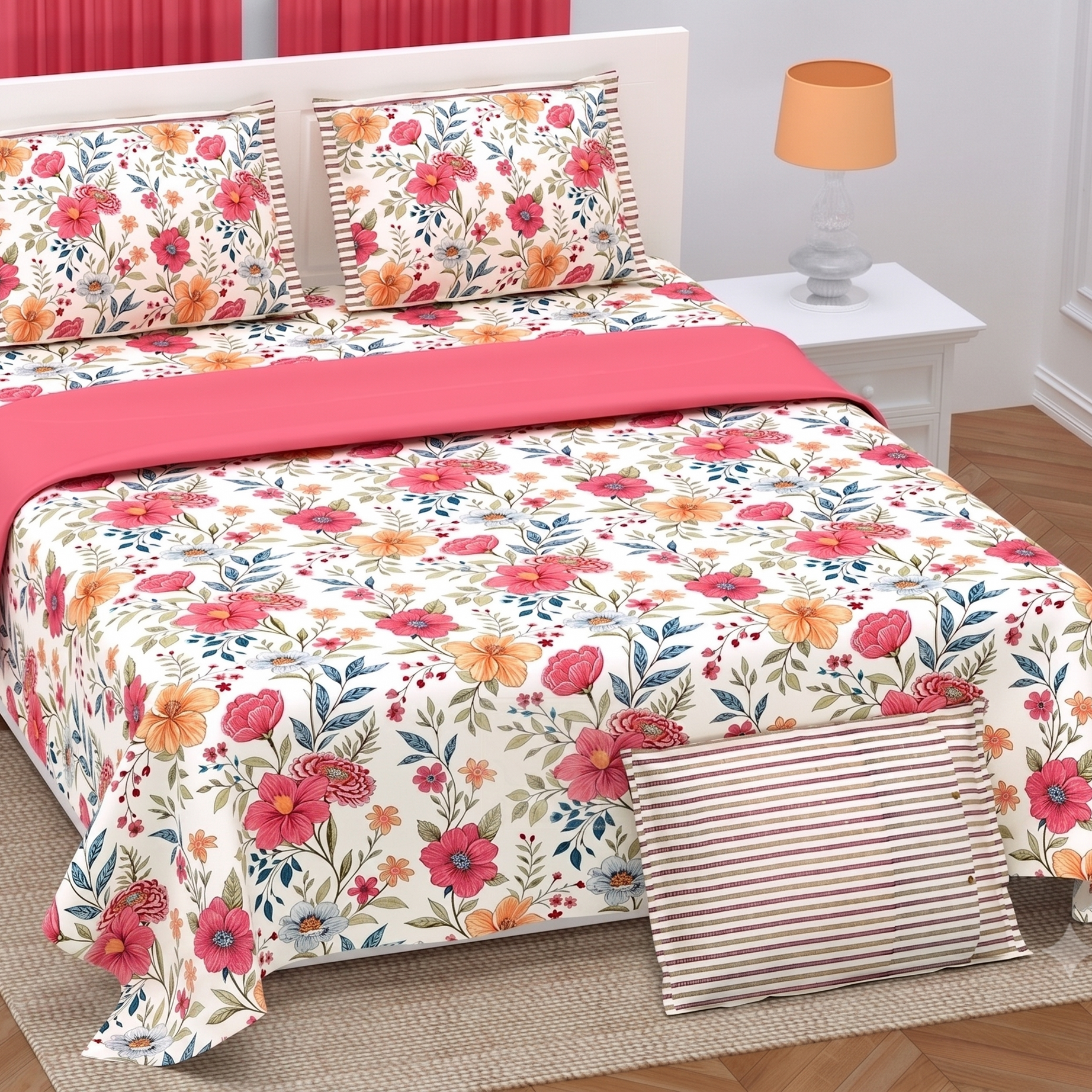 Coral Peach Floral Twill Cotton King Size Bedsheet