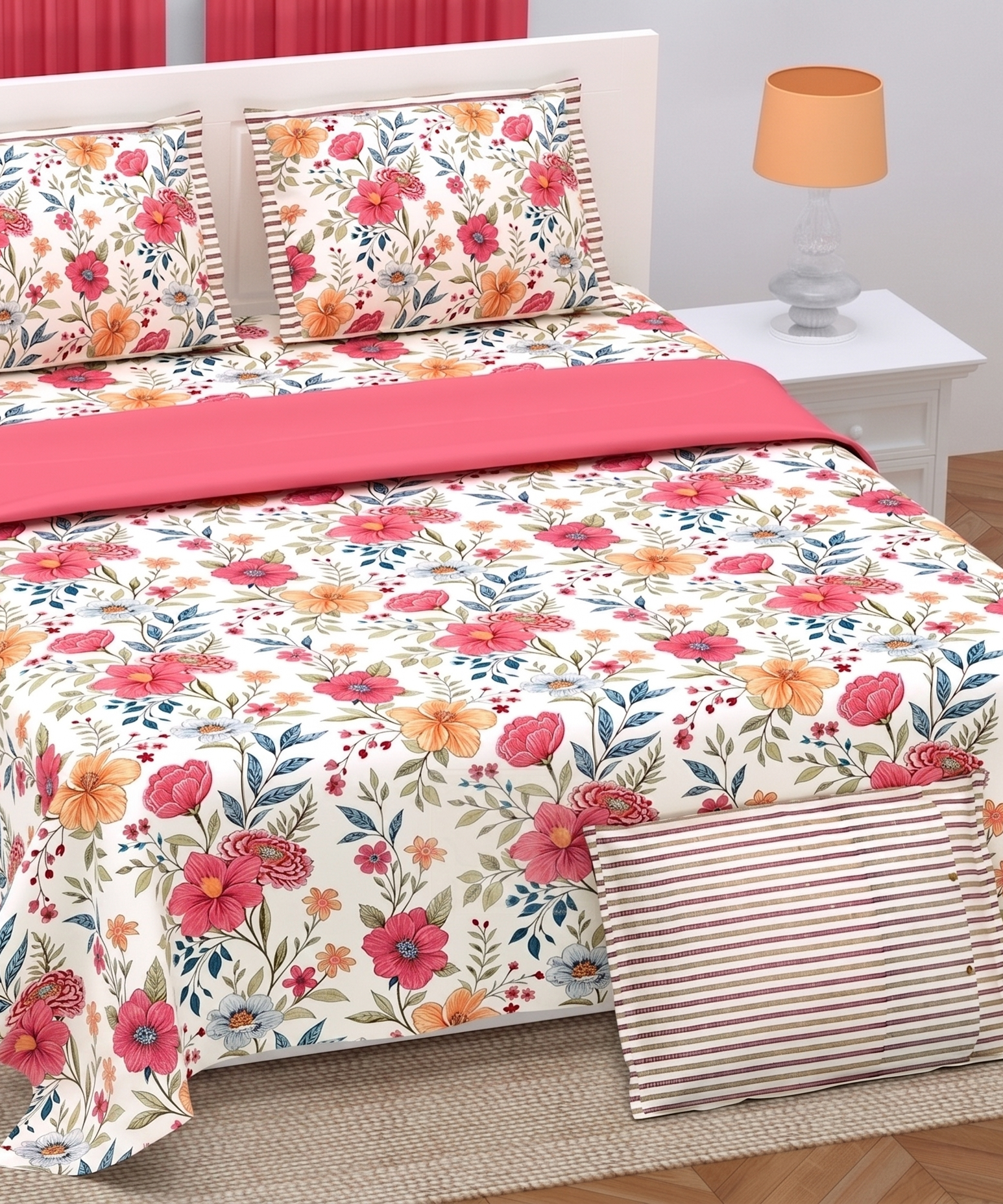 Coral Peach Floral Twill Cotton King Size Bedsheet