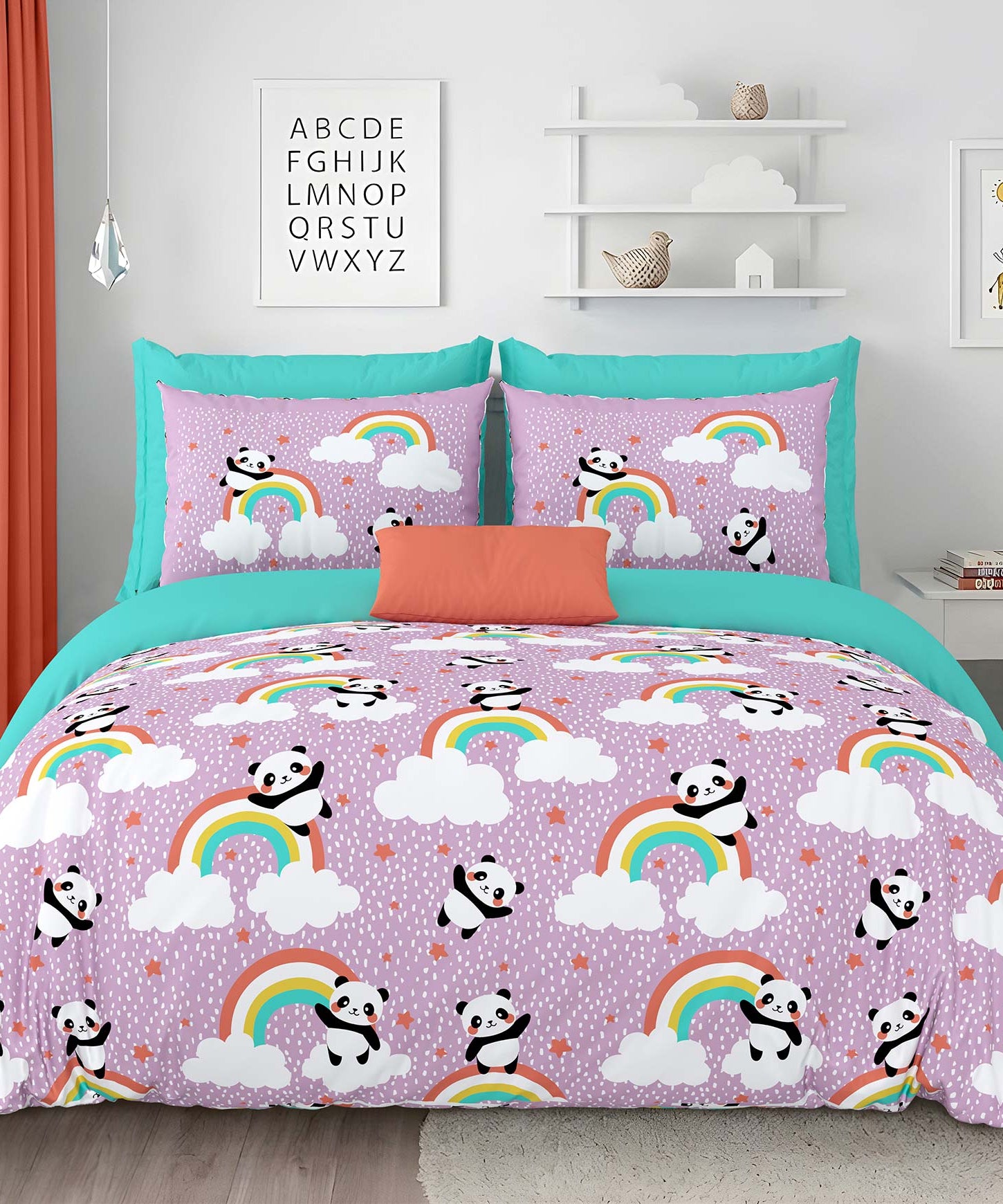 Pathshala Panda Rainbow Kids Cotton Bedsheet – Purple Cartoon Print