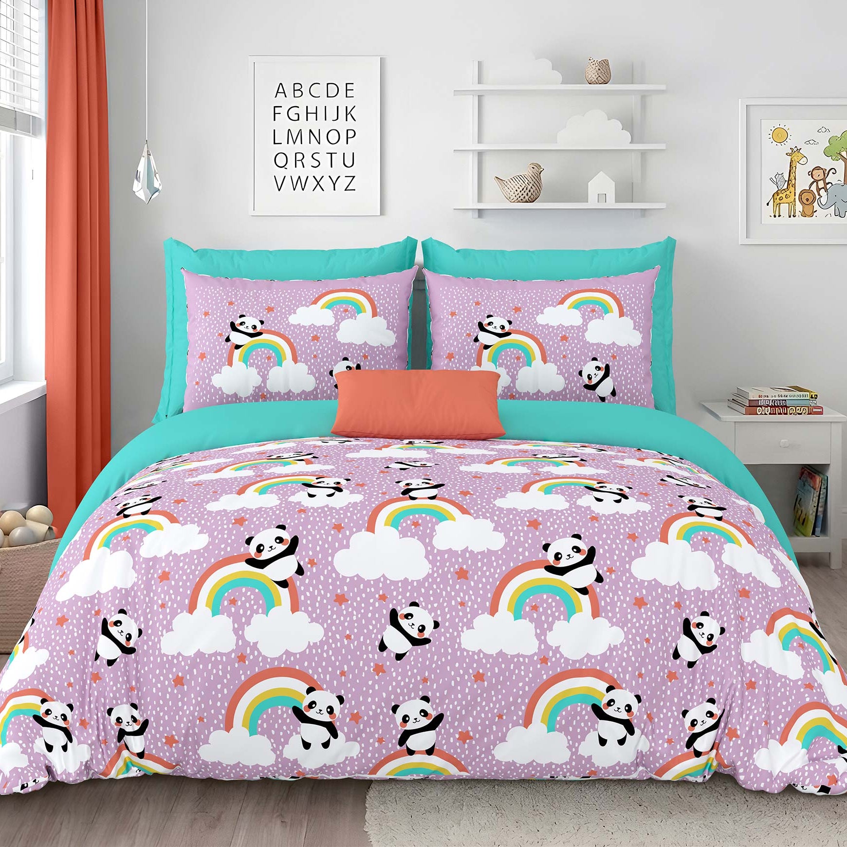 Pathshala Panda Rainbow Kids Cotton Bedsheet – Purple Cartoon Print