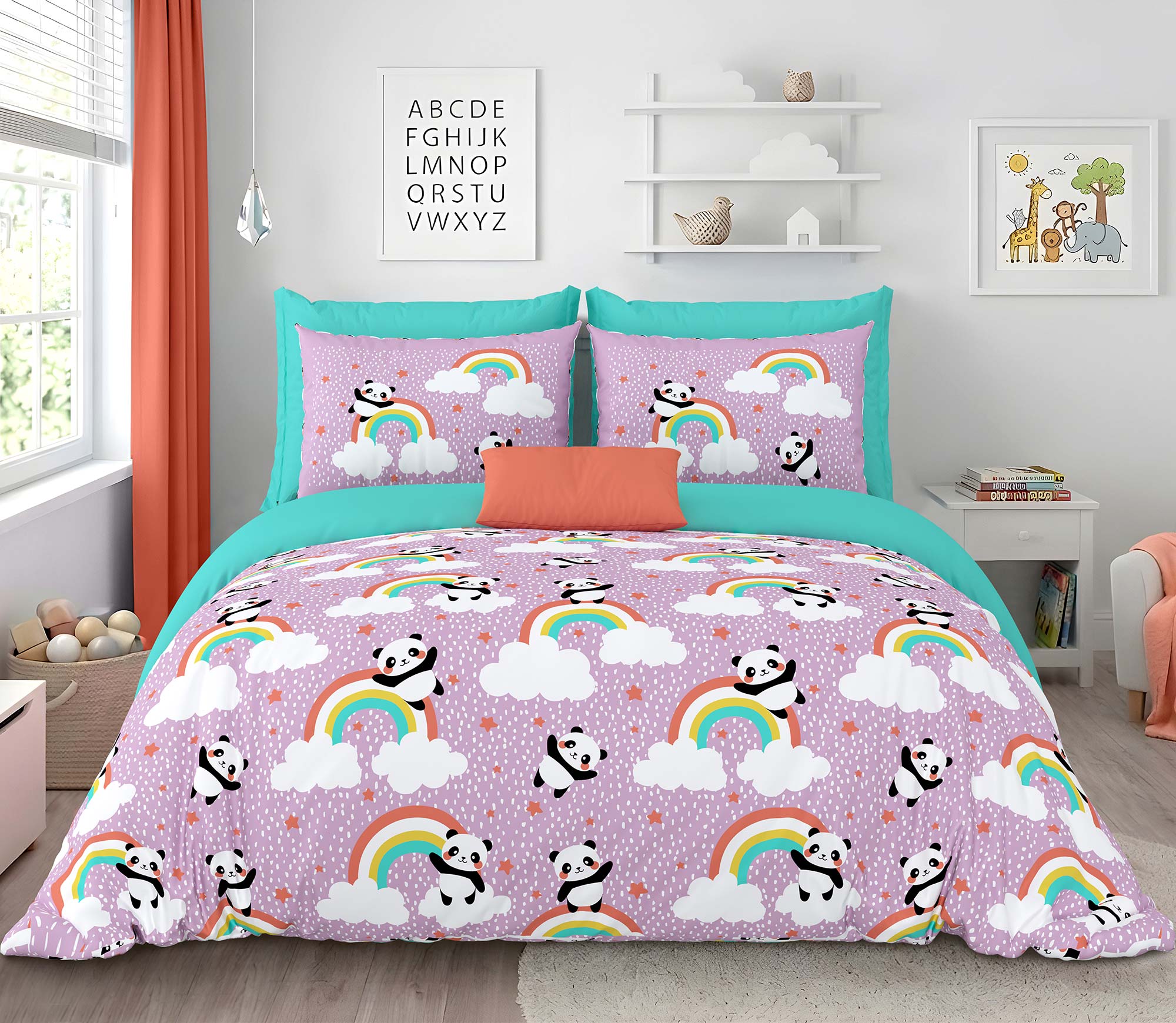 Pathshala Panda Rainbow Kids Cotton Bedsheet – Purple Cartoon Print