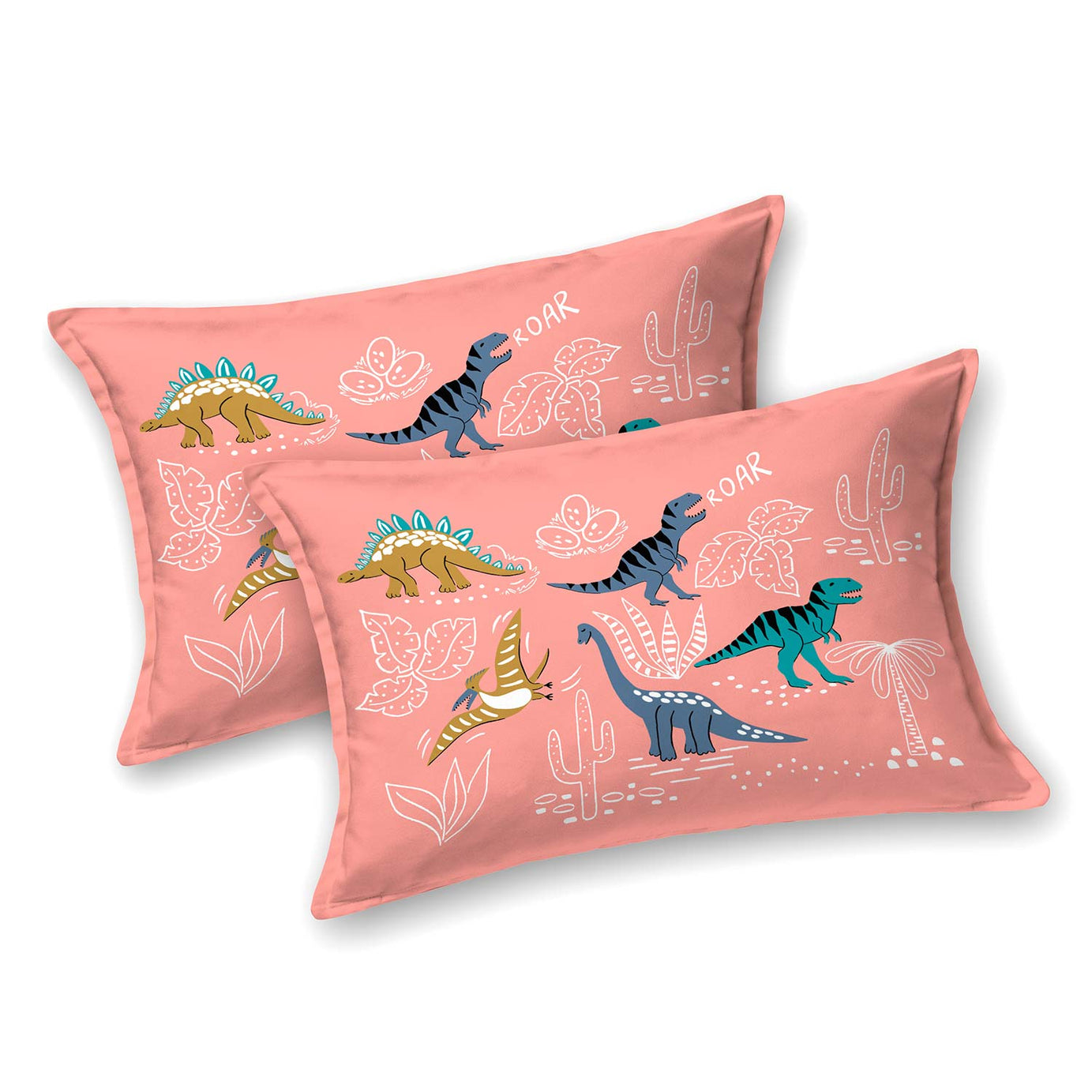 Pink Blue Dino Roar Kids Double Bedsheet 100x108 inch