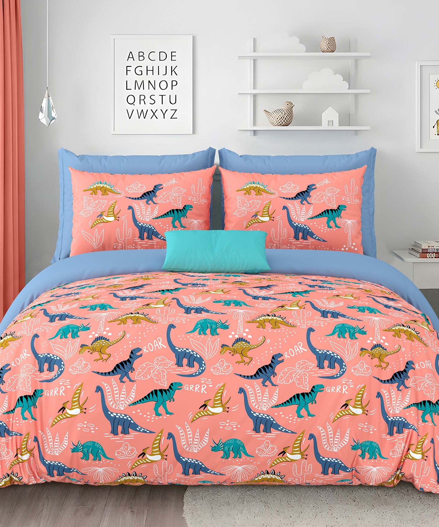 Pink Blue Dino Roar Kids Double Bedsheet
