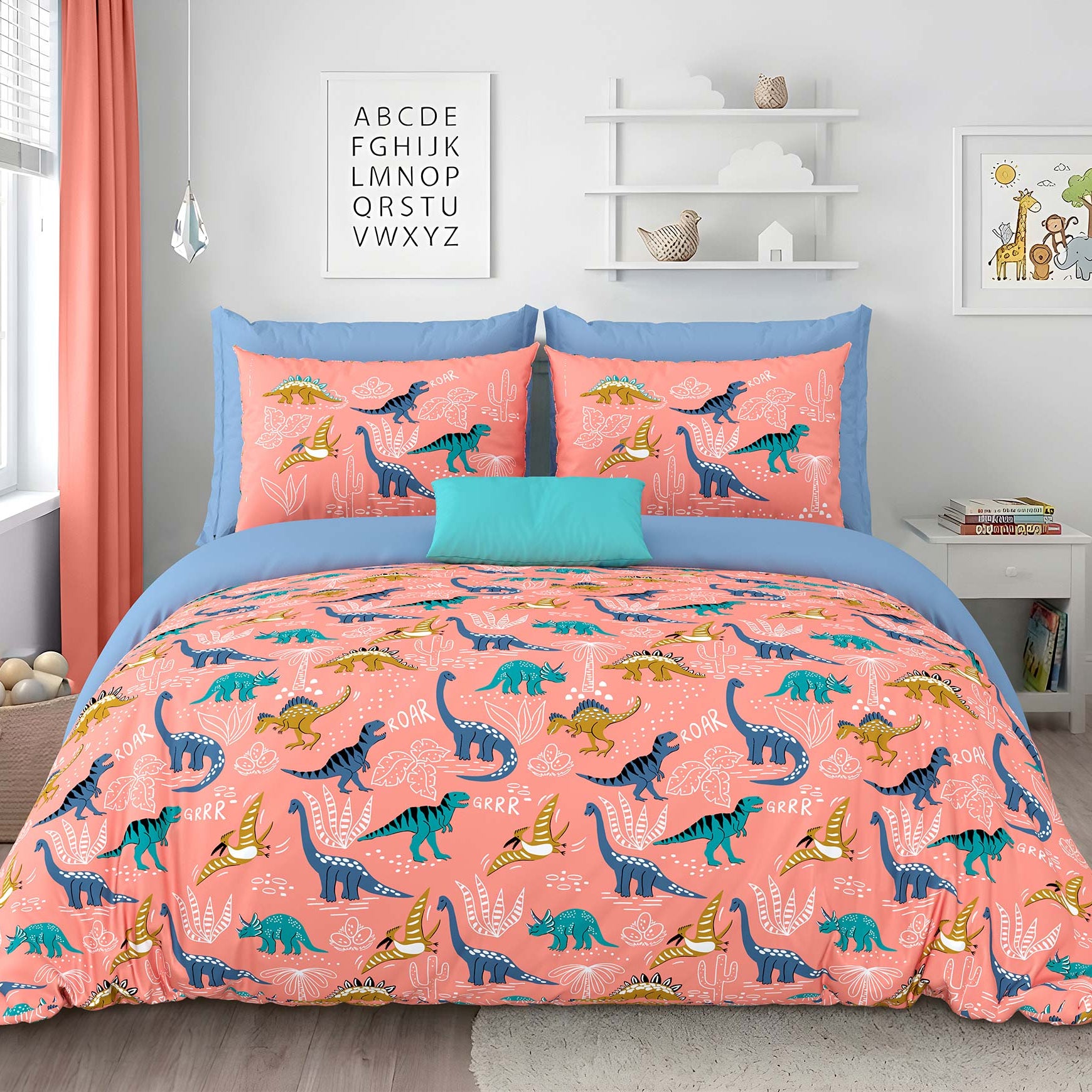 Pink Blue Dino Roar Kids Double Bedsheet 100x108 inch