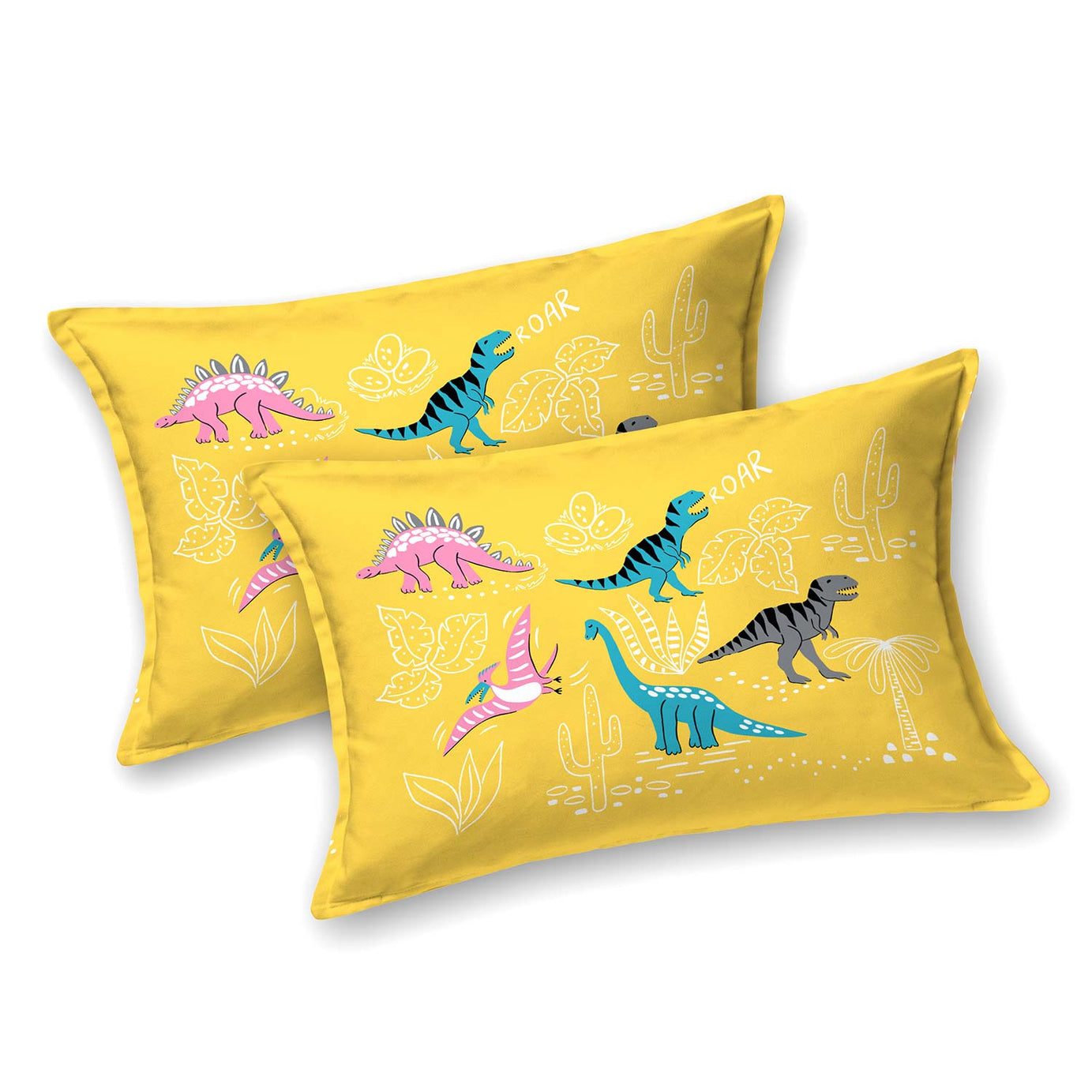 Pathshala Dino Roar Kids King Bedsheet – Yellow Cartoon Dinosaur Print