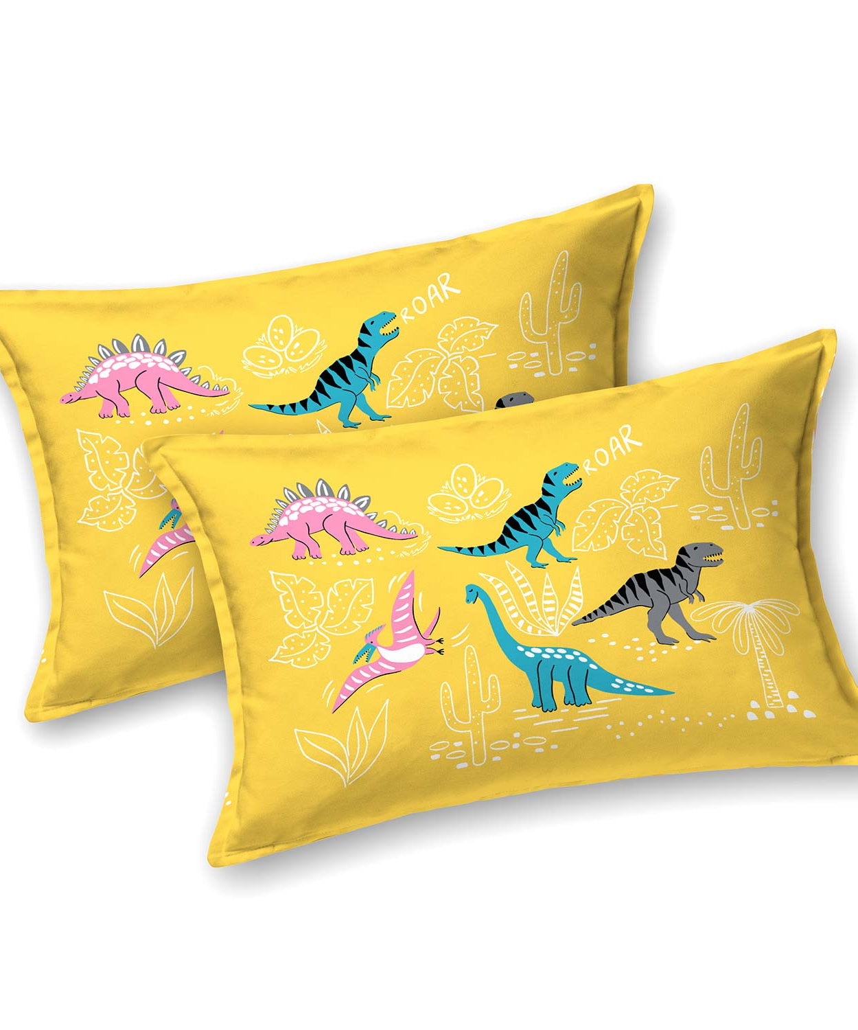 Pathshala Dino Roar Kids King Bedsheet – Yellow Cartoon Dinosaur Print