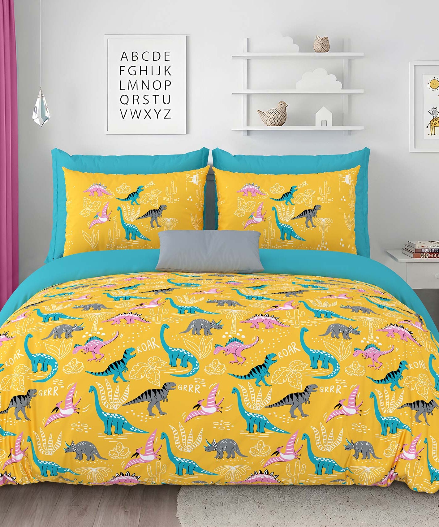 Pathshala Dino Roar Kids King Bedsheet – Yellow Cartoon Dinosaur Print