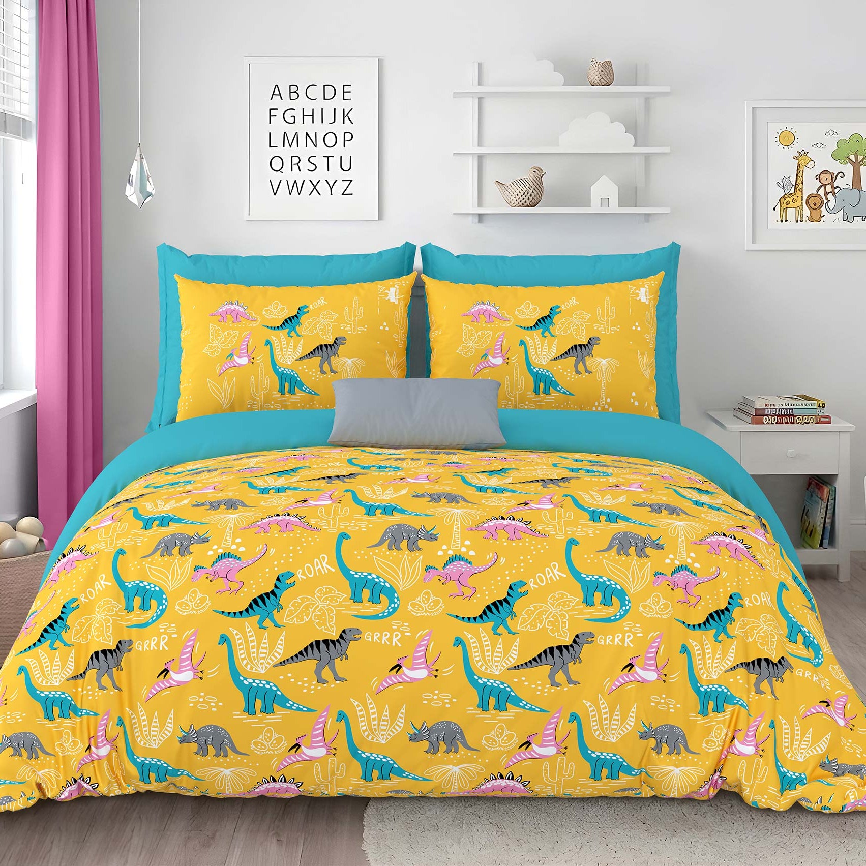 Pathshala Dino Roar Kids King Bedsheet – Yellow Cartoon Dinosaur Print