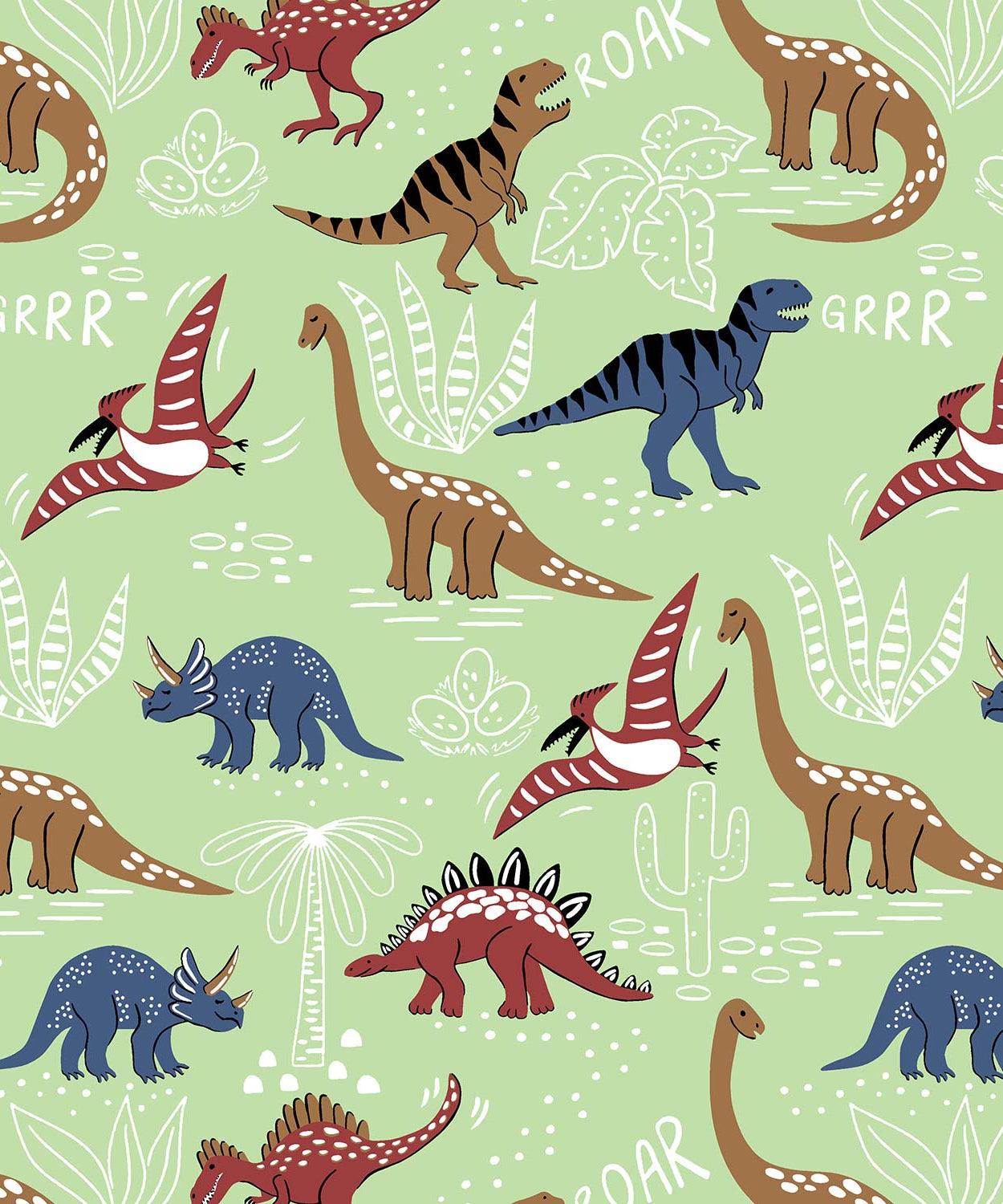 Pathshala Dino Adventure Kids King Bedsheet – Green Cartoon Dinosaur Print