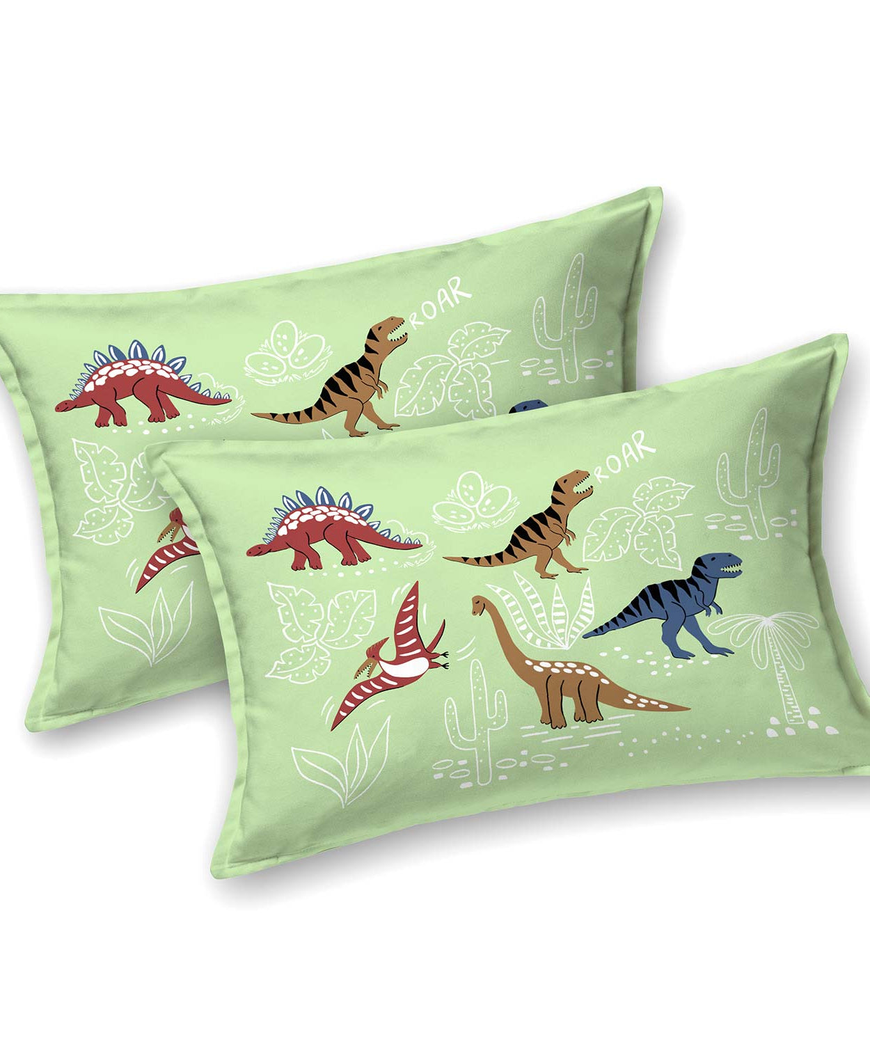 Pathshala Dino Adventure Kids King Bedsheet – Green Cartoon Dinosaur Print