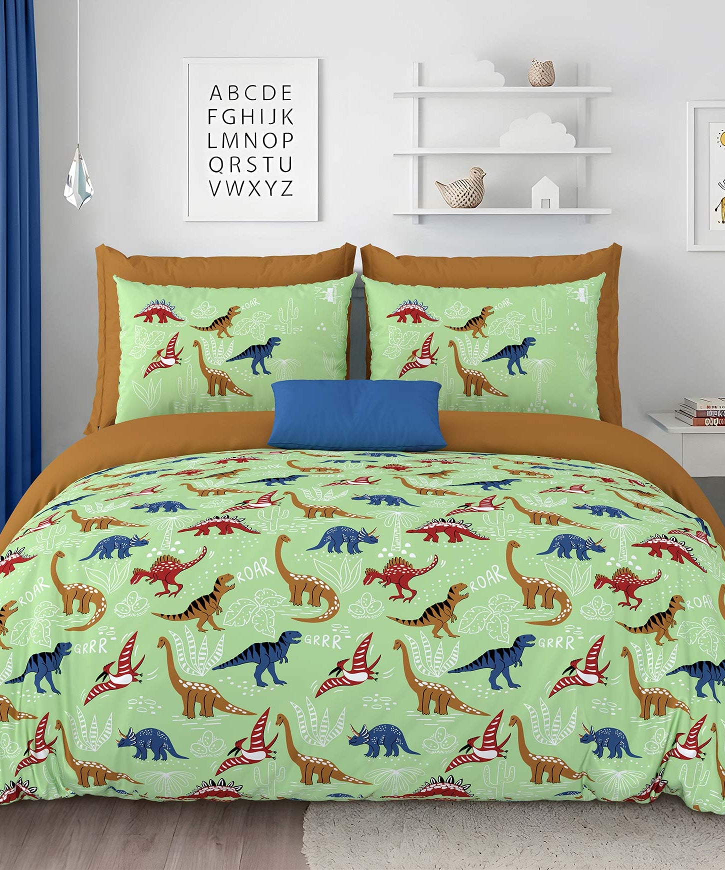 Pathshala Dino Adventure Kids King Bedsheet – Green Cartoon Dinosaur Print