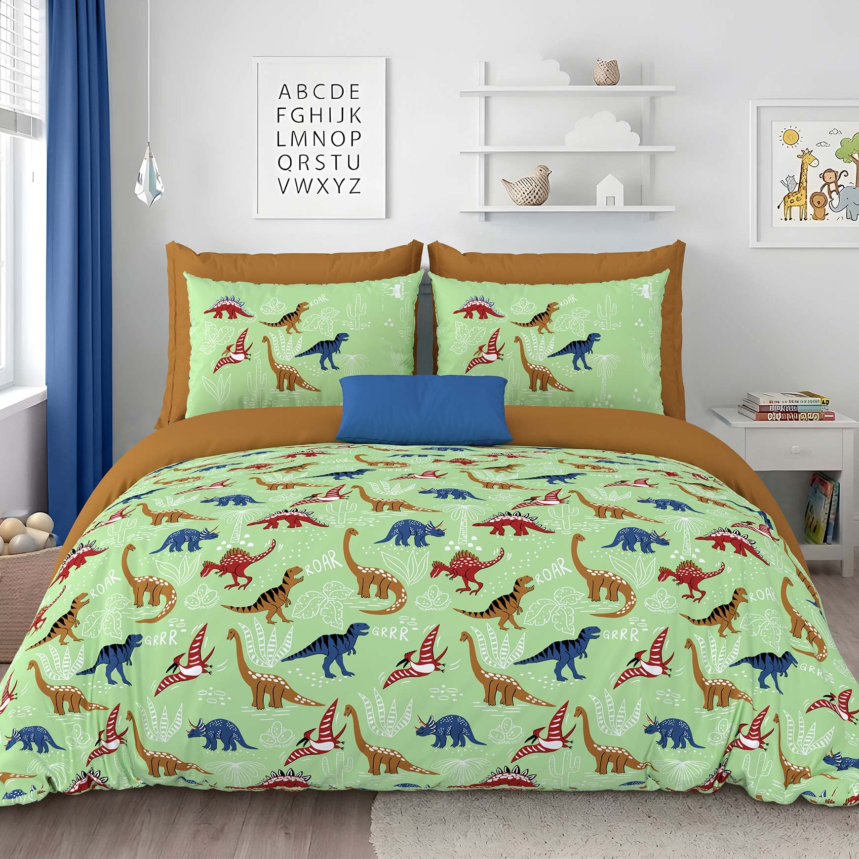 Pathshala Dino Adventure Kids King Bedsheet – Green Cartoon Dinosaur Print