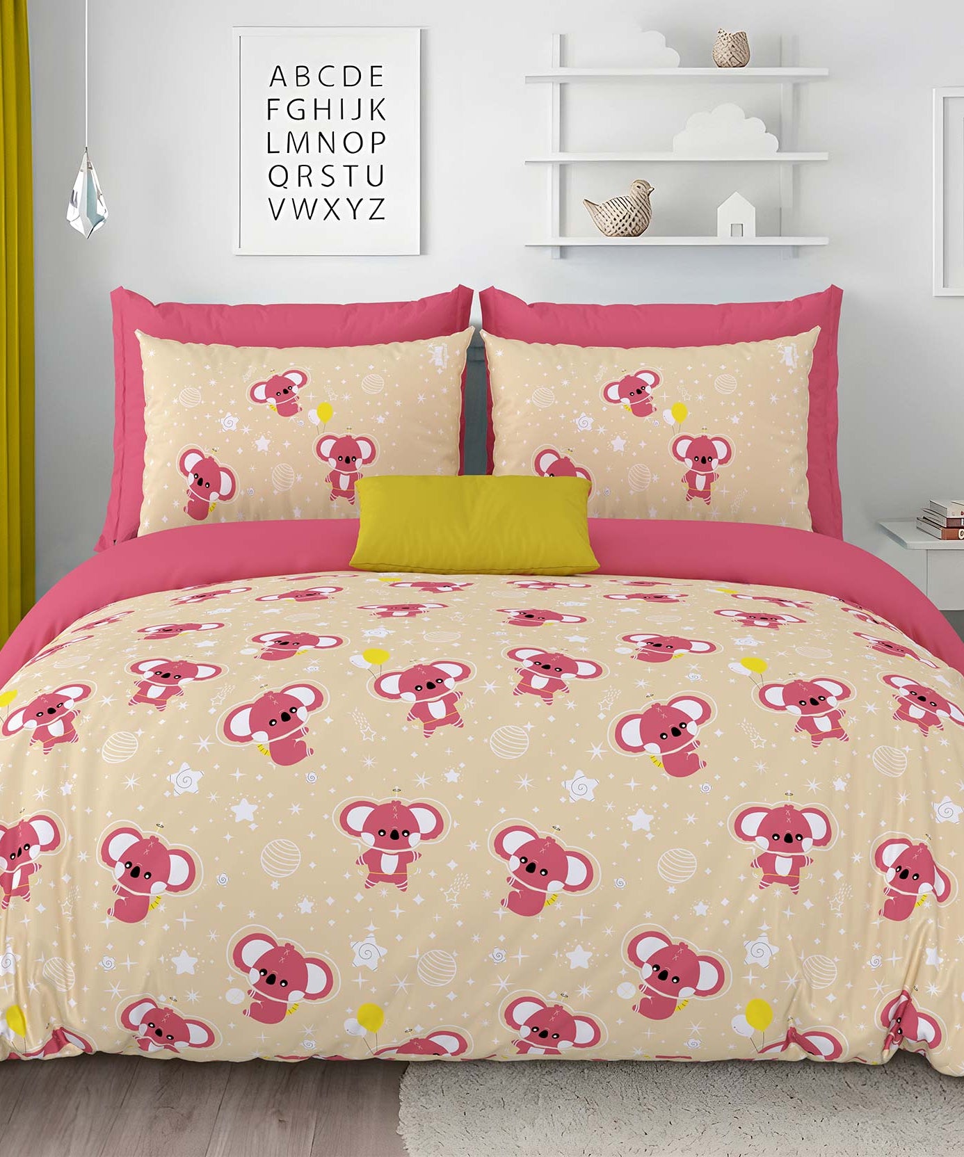 Pathshala Kids Cartoon Print Bedsheet – Beige & Pink