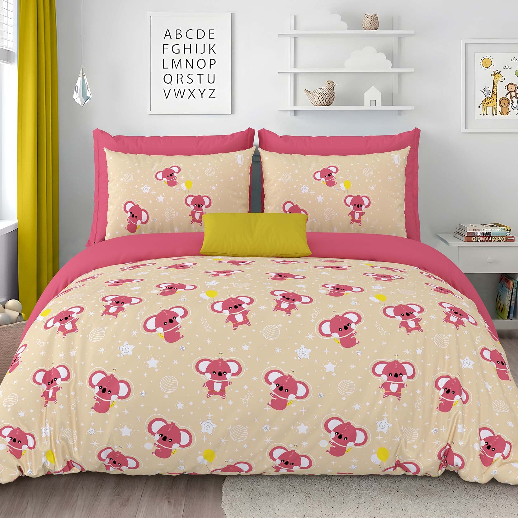 Pathshala Kids Cartoon Print Bedsheet – Beige & Pink