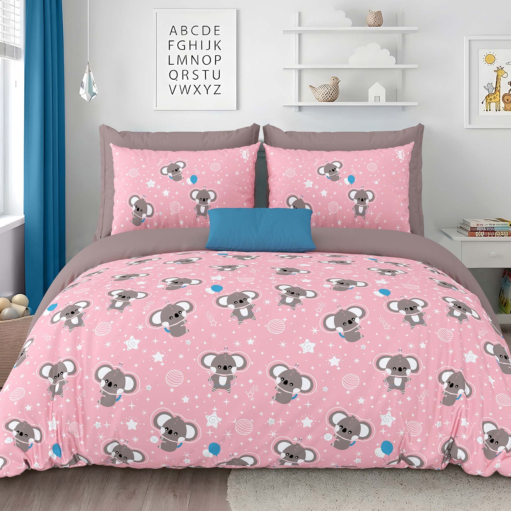 Pathshala Kids Cartoon Print Bedsheet – Pink & Grey