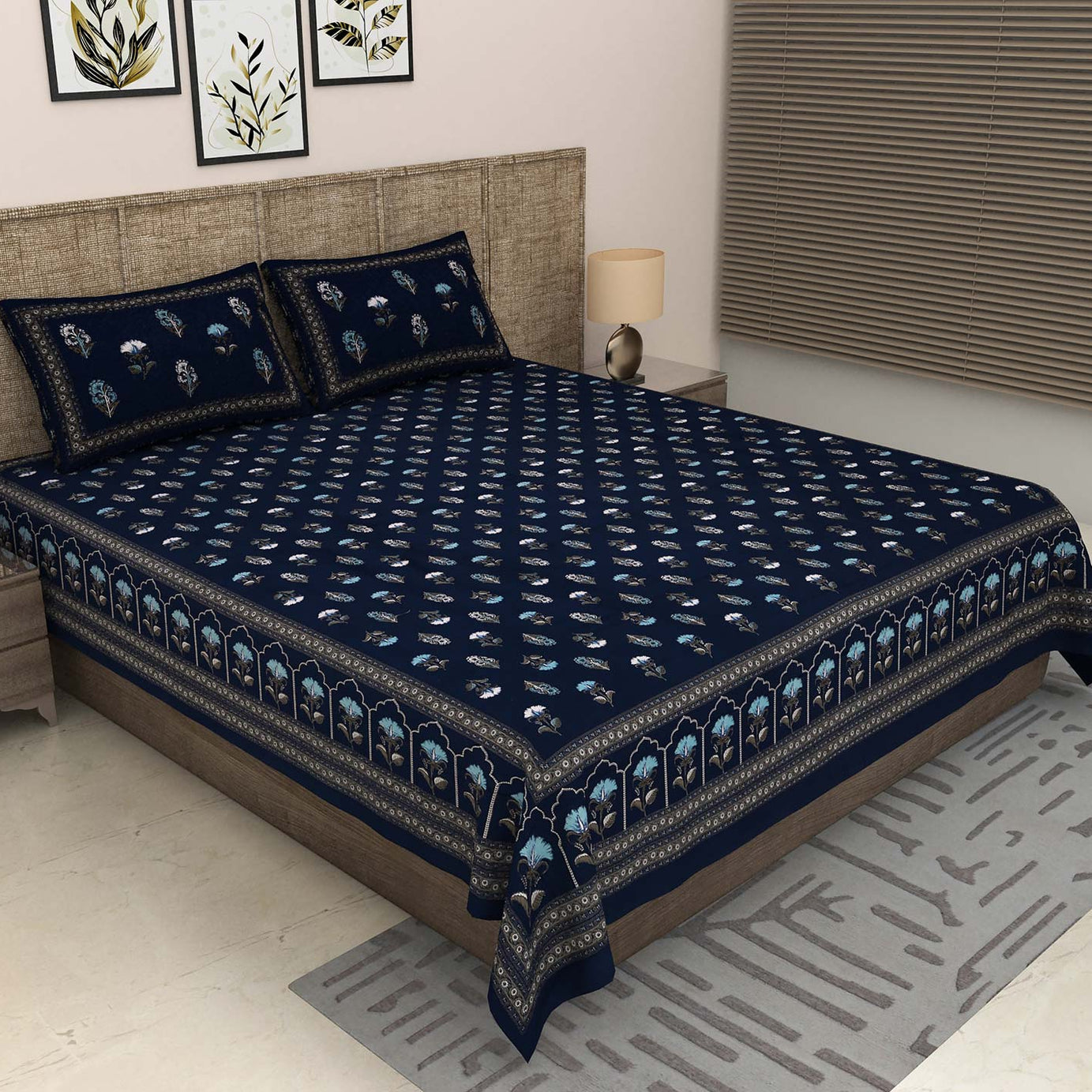 Rajwara Blue Floral King Size Bedsheet – Discharge Print