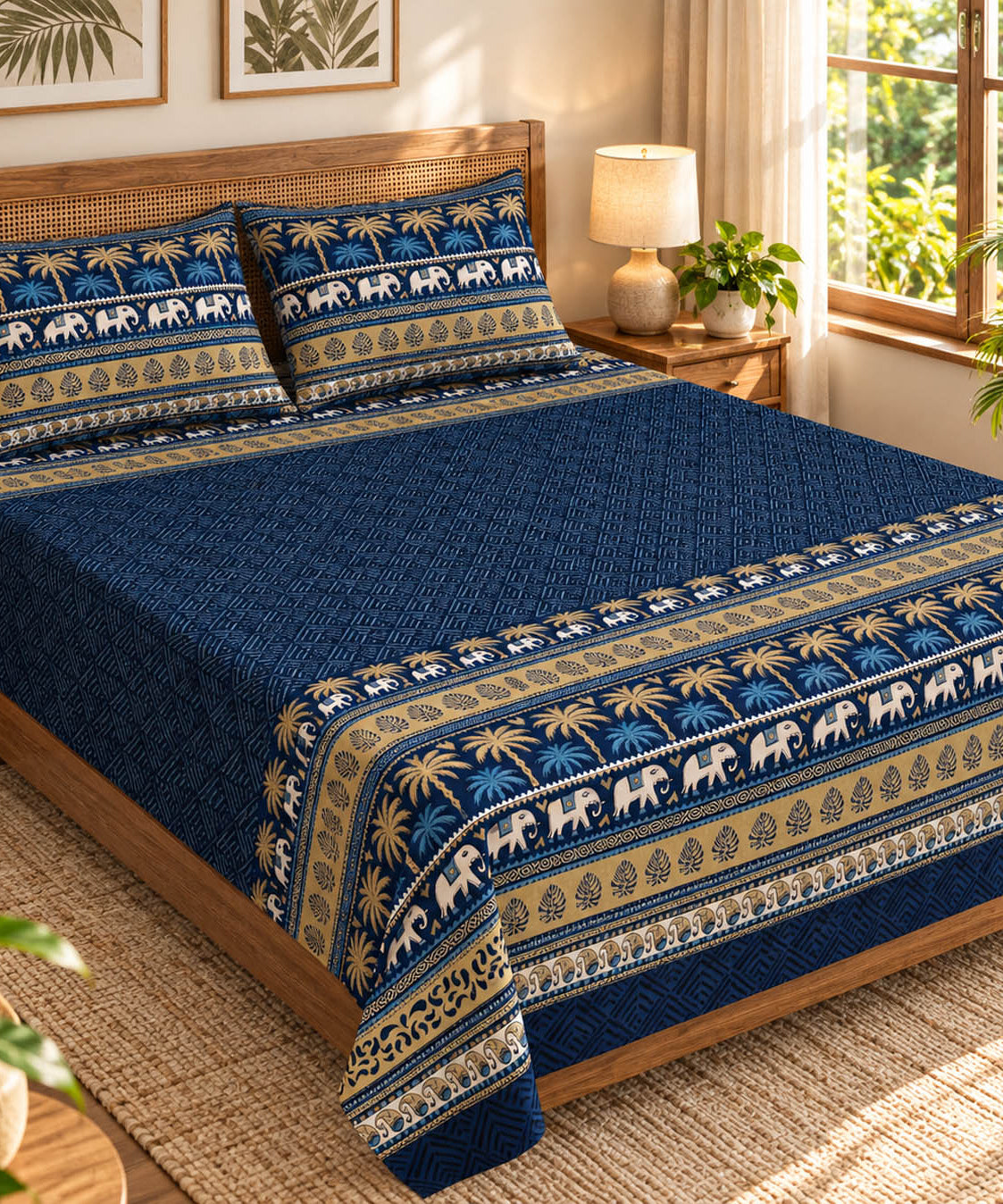 Pure Cotton King Size Bedsheet with Traditional Elephant & Palm Tree Print in Navy Blue & Beige
