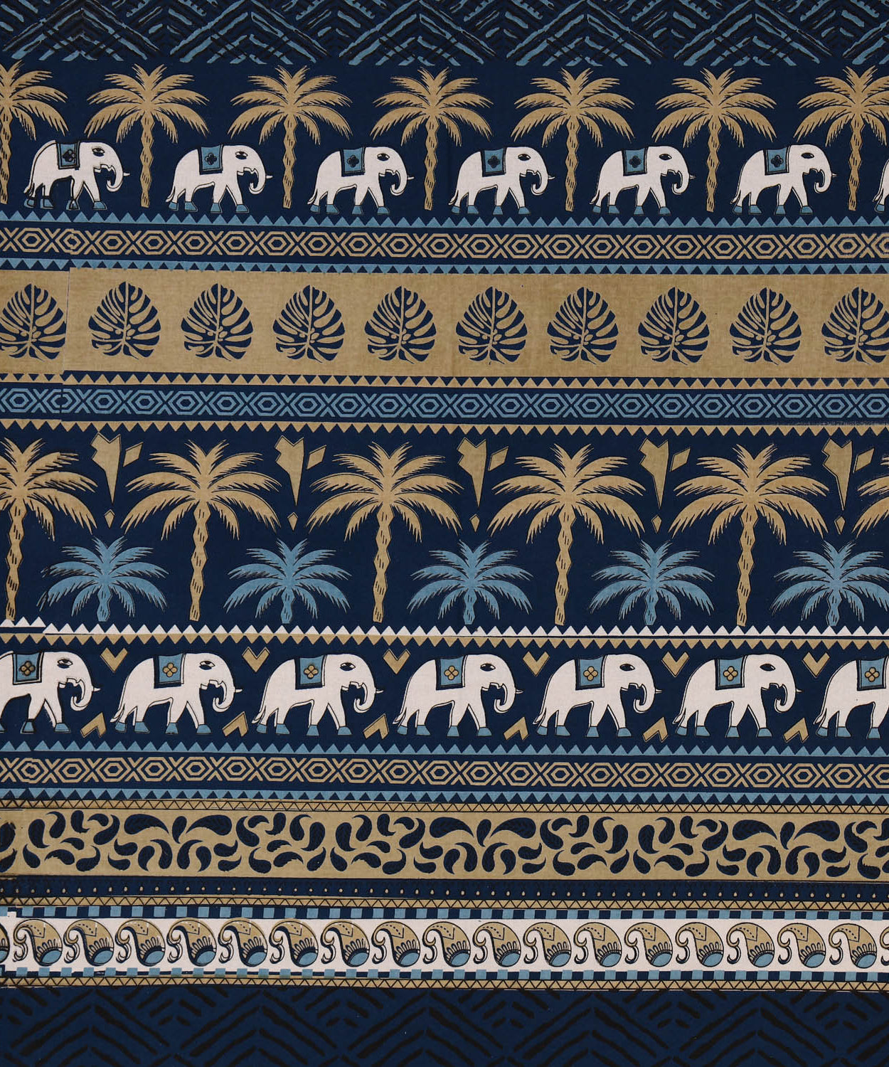Pure Cotton King Size Bedsheet with Traditional Elephant & Palm Tree Print in Navy Blue & Beige