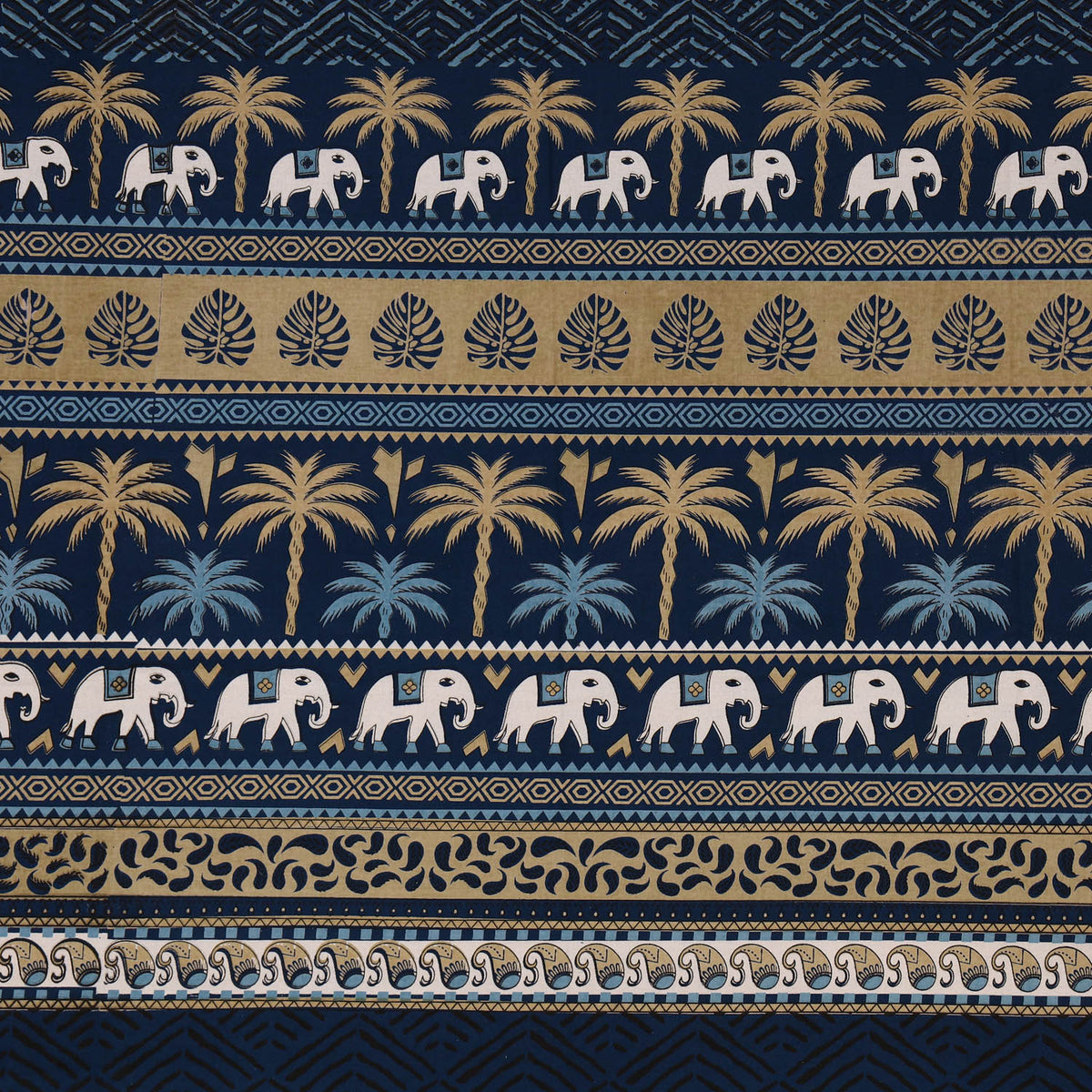 Pure Cotton King Size Bedsheet with Traditional Elephant & Palm Tree Print in Navy Blue & Beige
