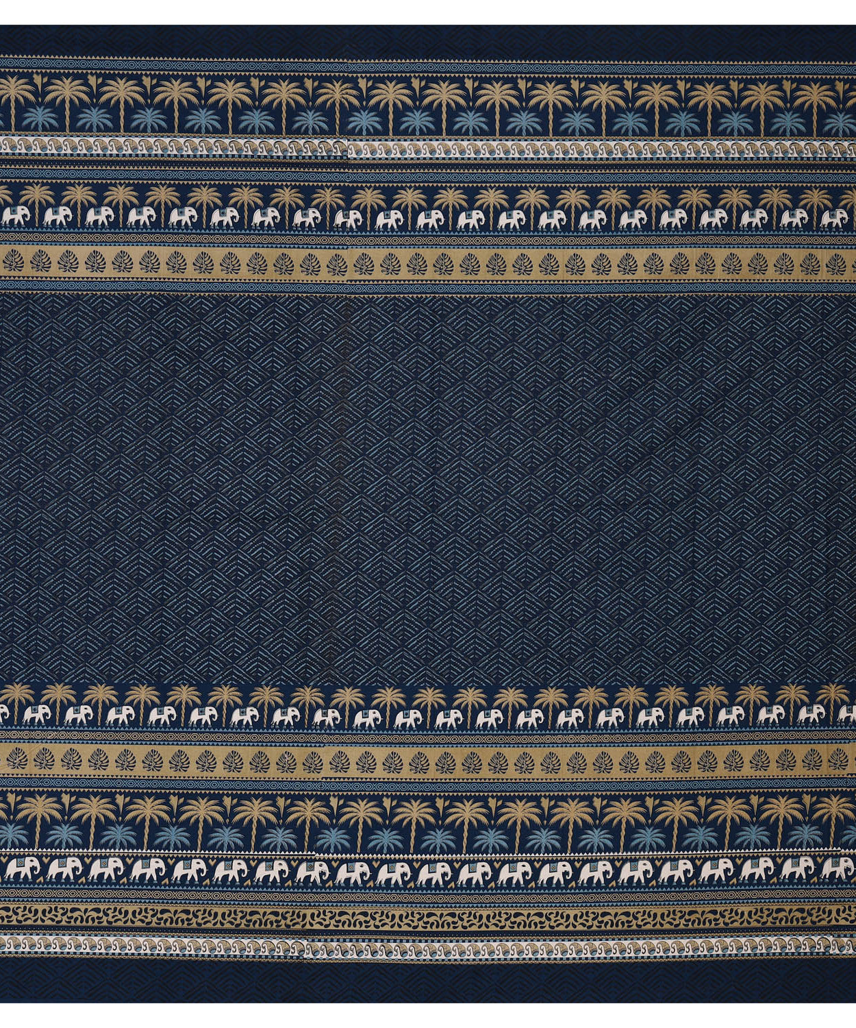 Pure Cotton King Size Bedsheet with Traditional Elephant & Palm Tree Print in Navy Blue & Beige