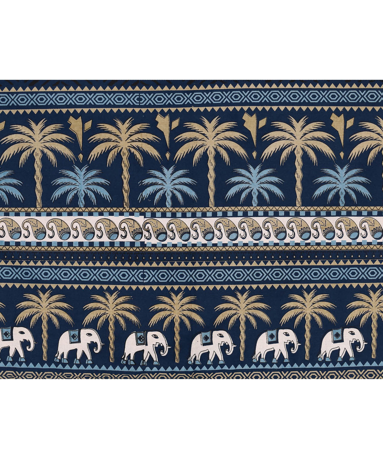 Pure Cotton King Size Bedsheet with Traditional Elephant & Palm Tree Print in Navy Blue & Beige