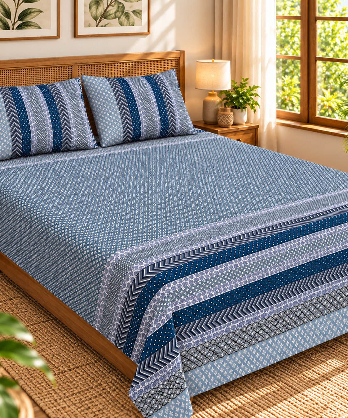 FabricRaja Pure Cotton King Size Bedsheet with Geometric Stripe Print in Blue and Grey