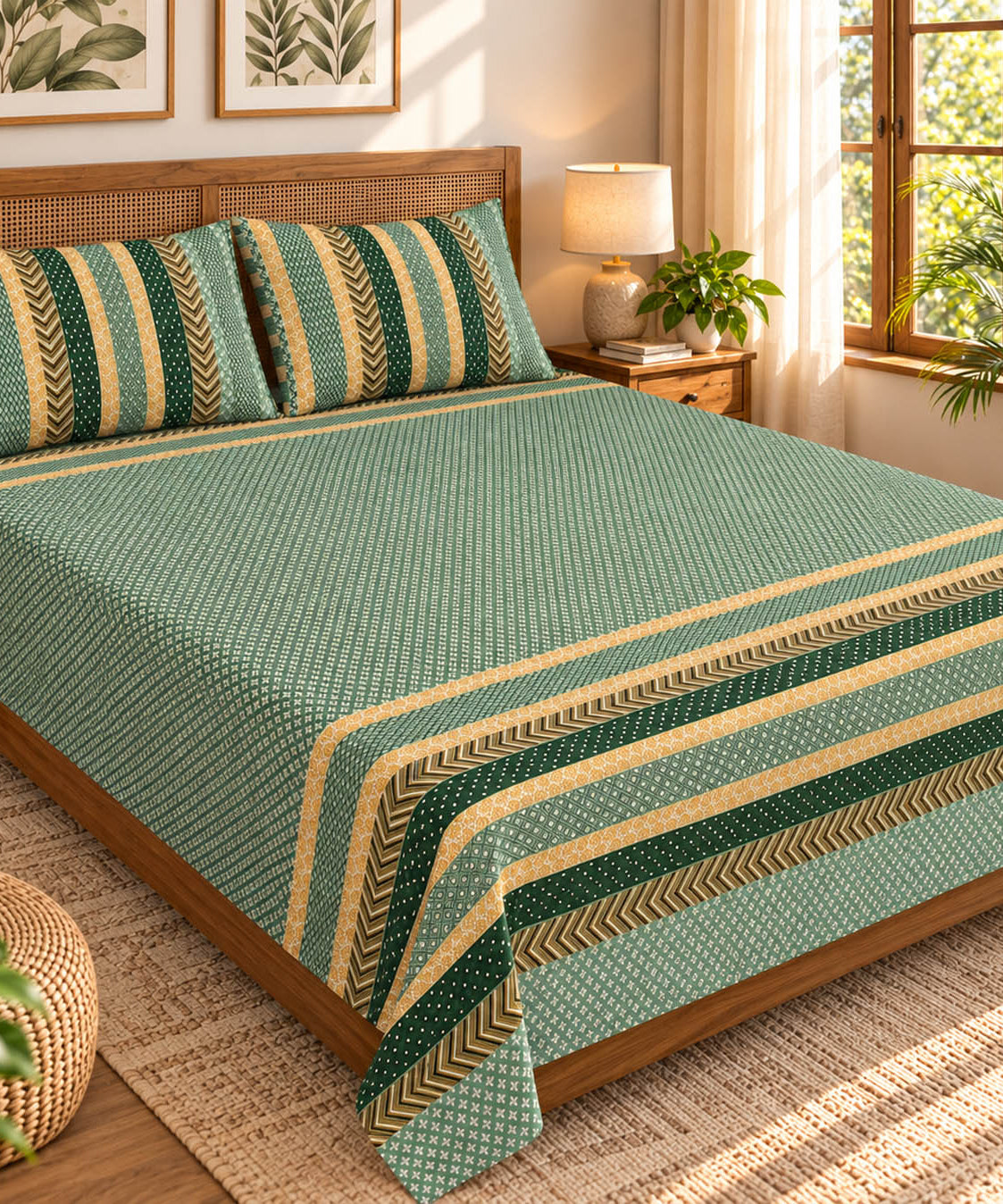 FabricRaja Pure Cotton King Size Bedsheet with Geometric Stripe Print in Sage Green & Beige