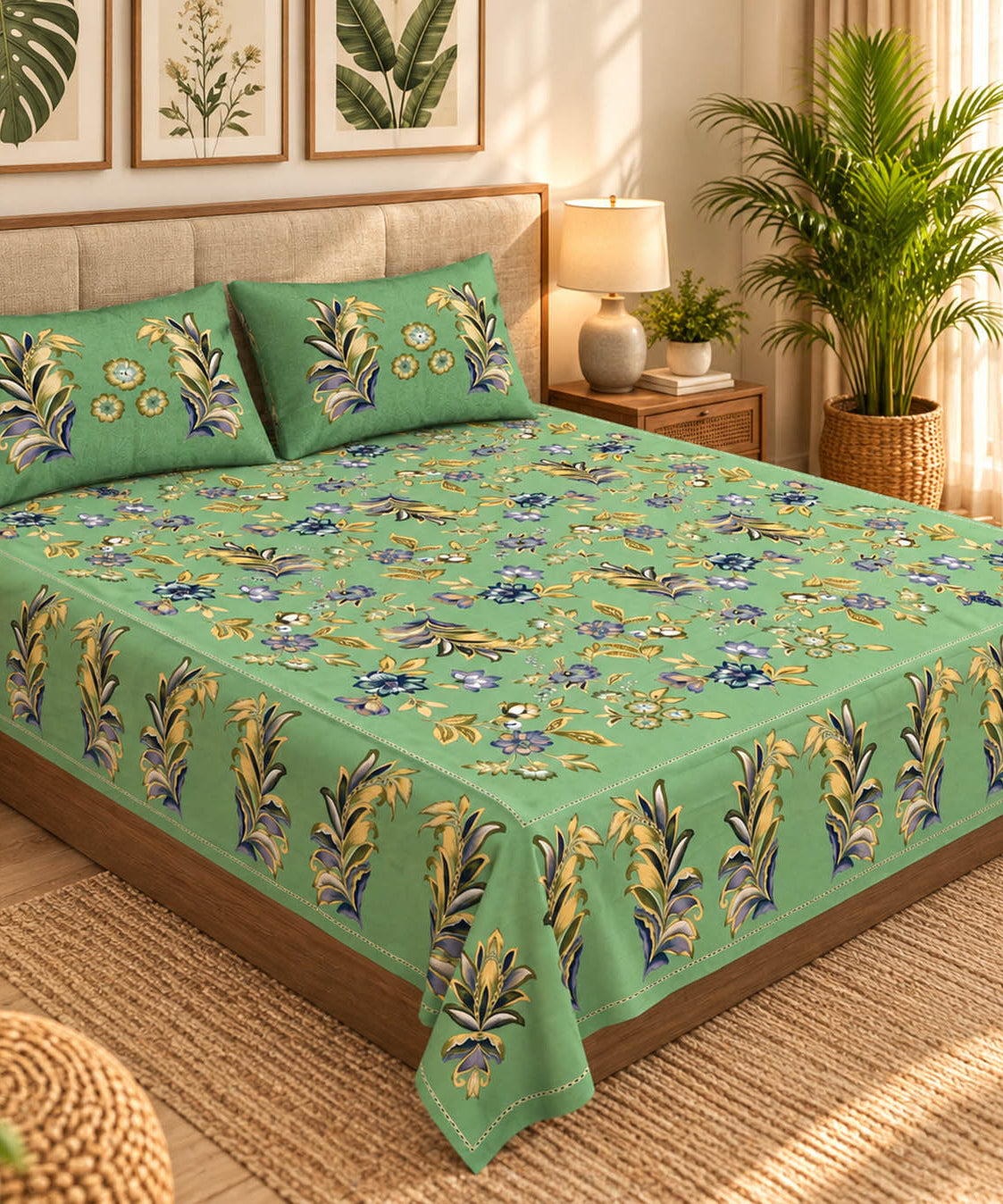 FabricRaja Pure Cotton King Size Bedsheet with Floral & Botanical Print in Sage Green