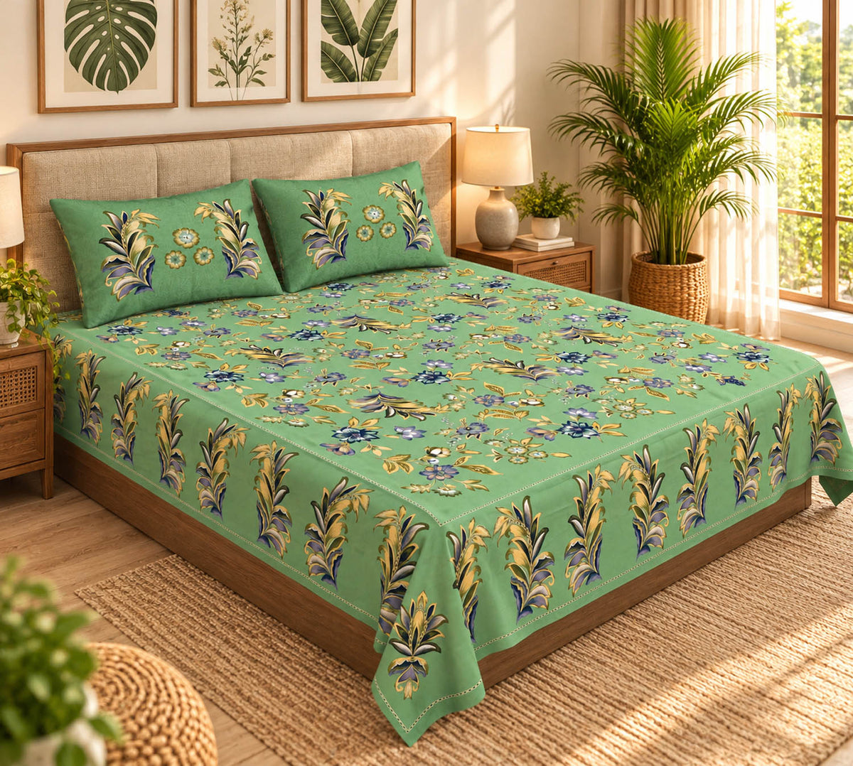 FabricRaja Pure Cotton King Size Bedsheet with Floral & Botanical Print in Sage Green