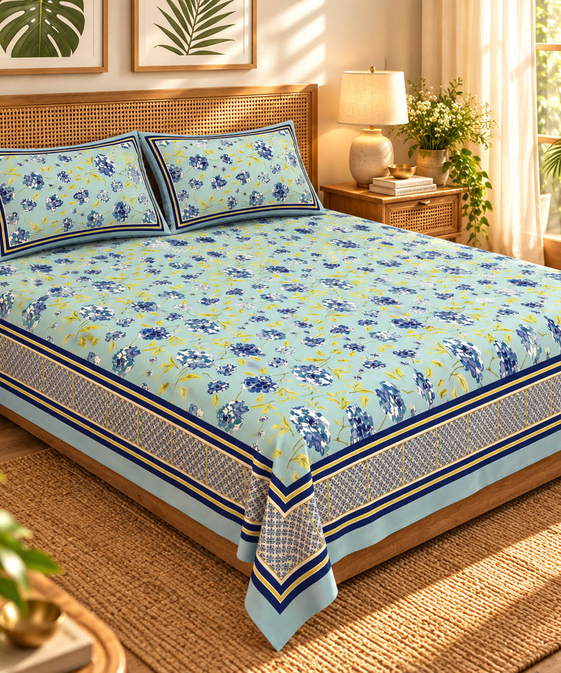 FabricRaja Pure Cotton King Size Bedsheet with Floral Print and Decorative Border in Sky Blue & Navy Blue