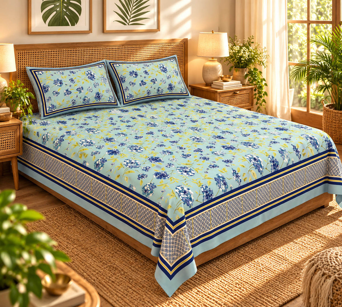 FabricRaja Pure Cotton King Size Bedsheet with Floral Print and Decorative Border in Sky Blue & Navy Blue
