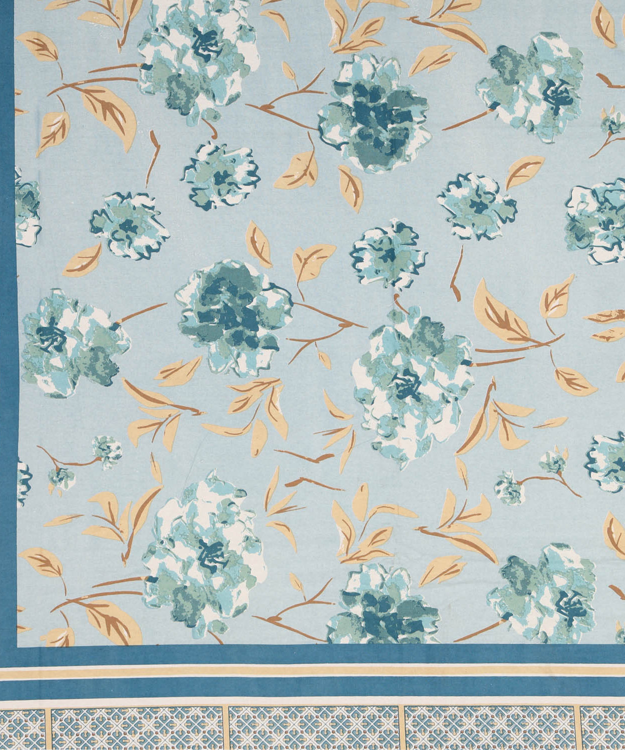 FabricRaja Pure Cotton King Size Bedsheet with Floral Print and Decorative Border in Sky Blue & Navy Blue