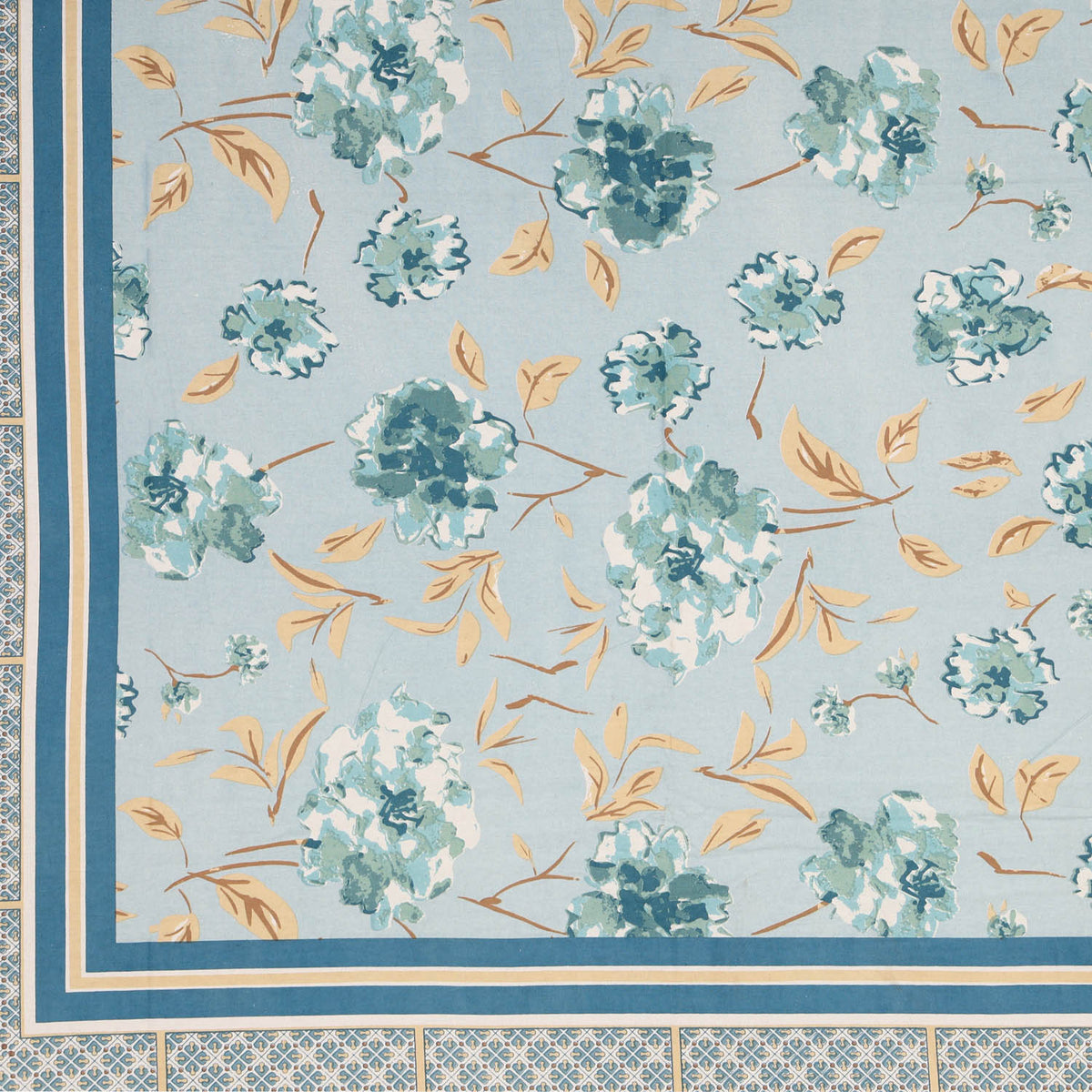 FabricRaja Pure Cotton King Size Bedsheet with Floral Print and Decorative Border in Sky Blue & Navy Blue
