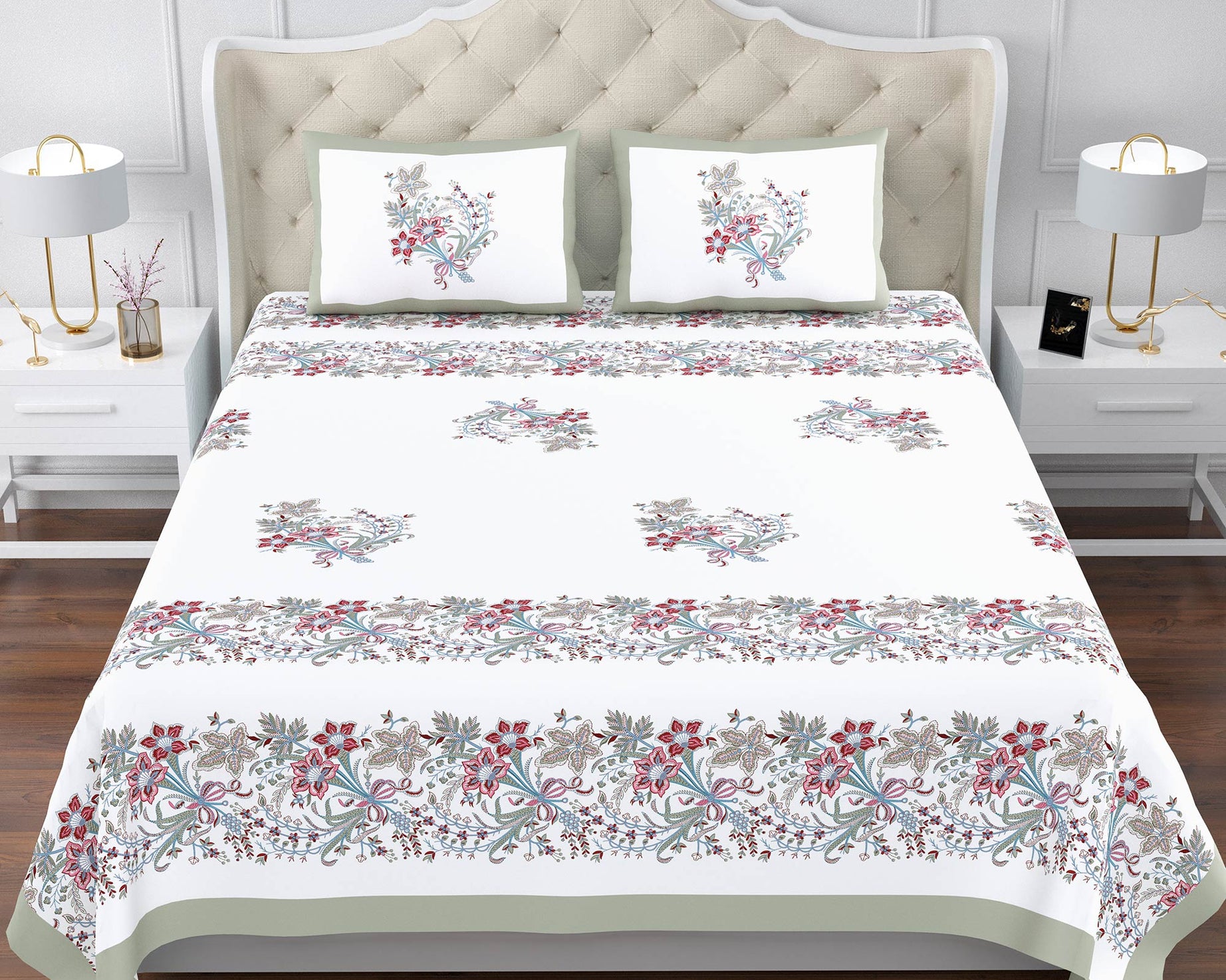 Elegant Floral Border Print King Size Bedsheet