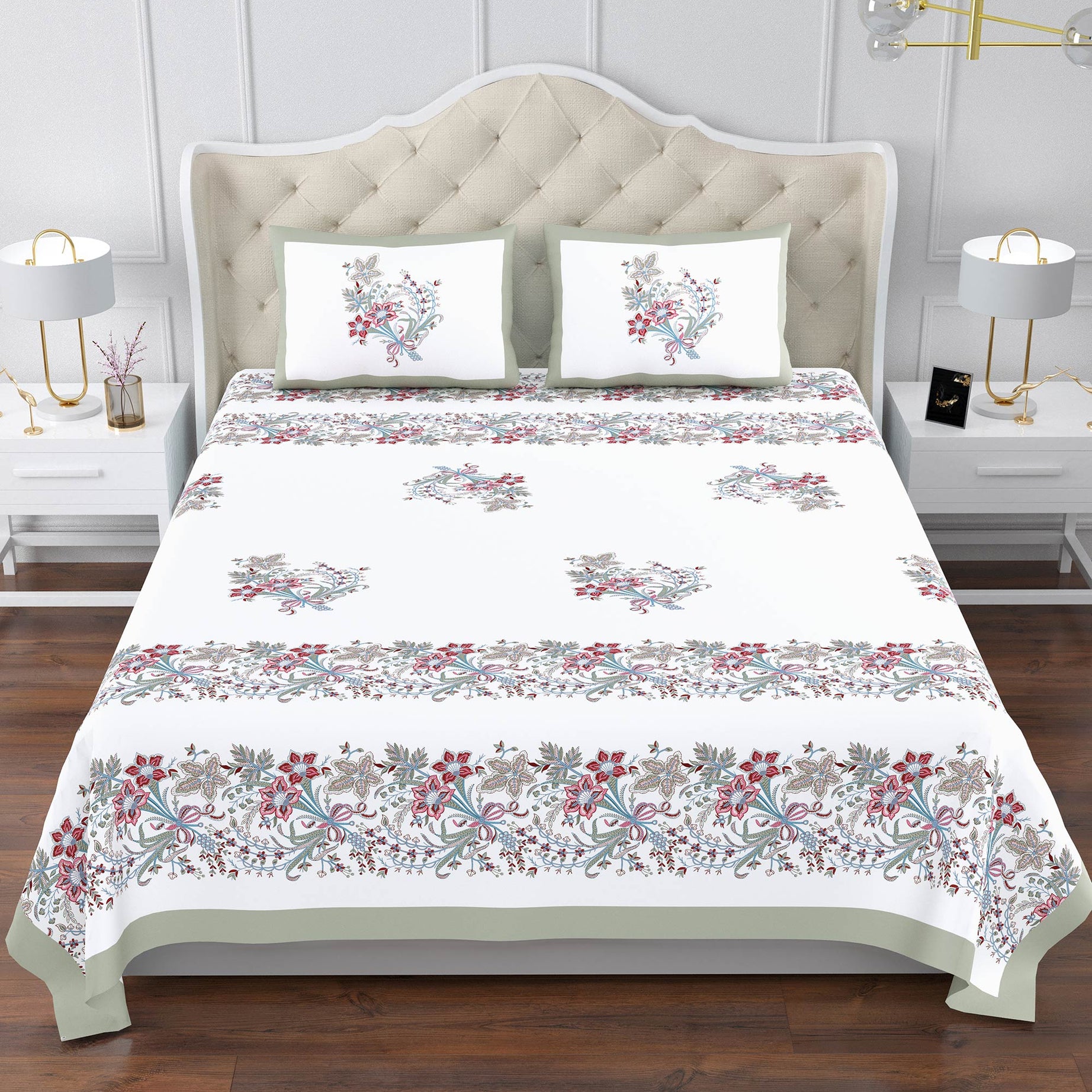 Elegant Floral Border Print King Size Bedsheet