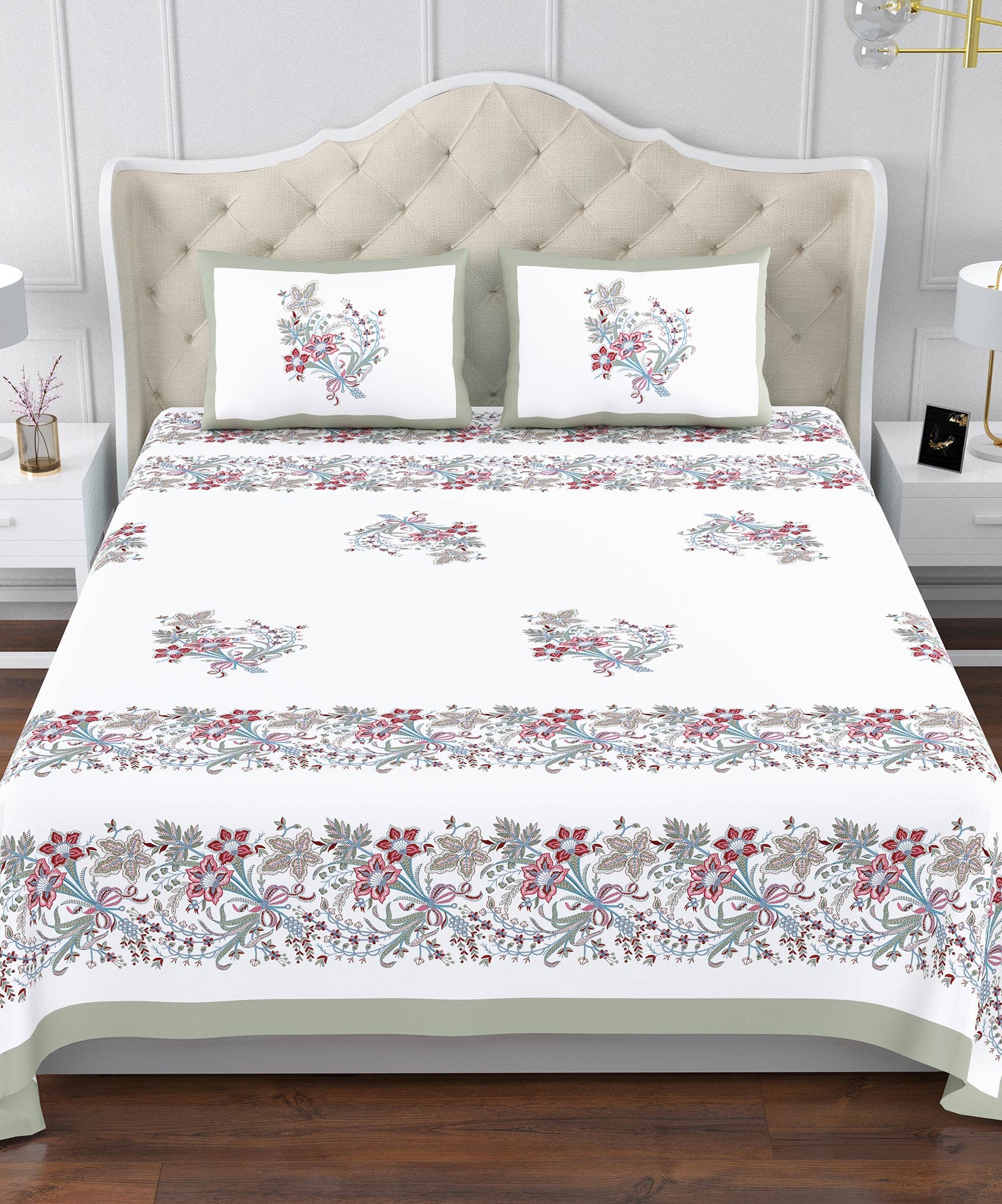 Elegant Floral Border Print King Size Bedsheet