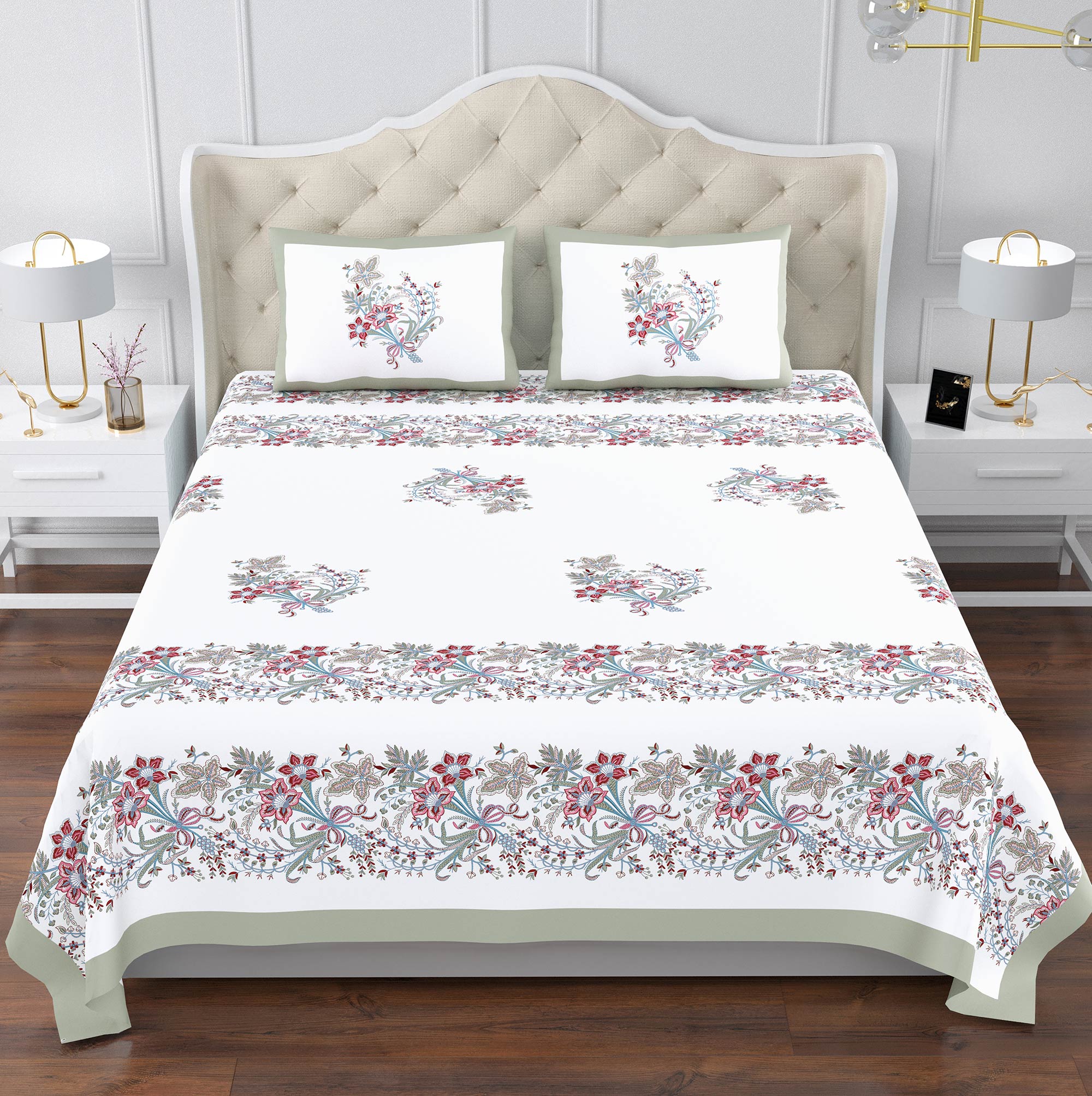 Elegant Floral Border Print King Size Bedsheet