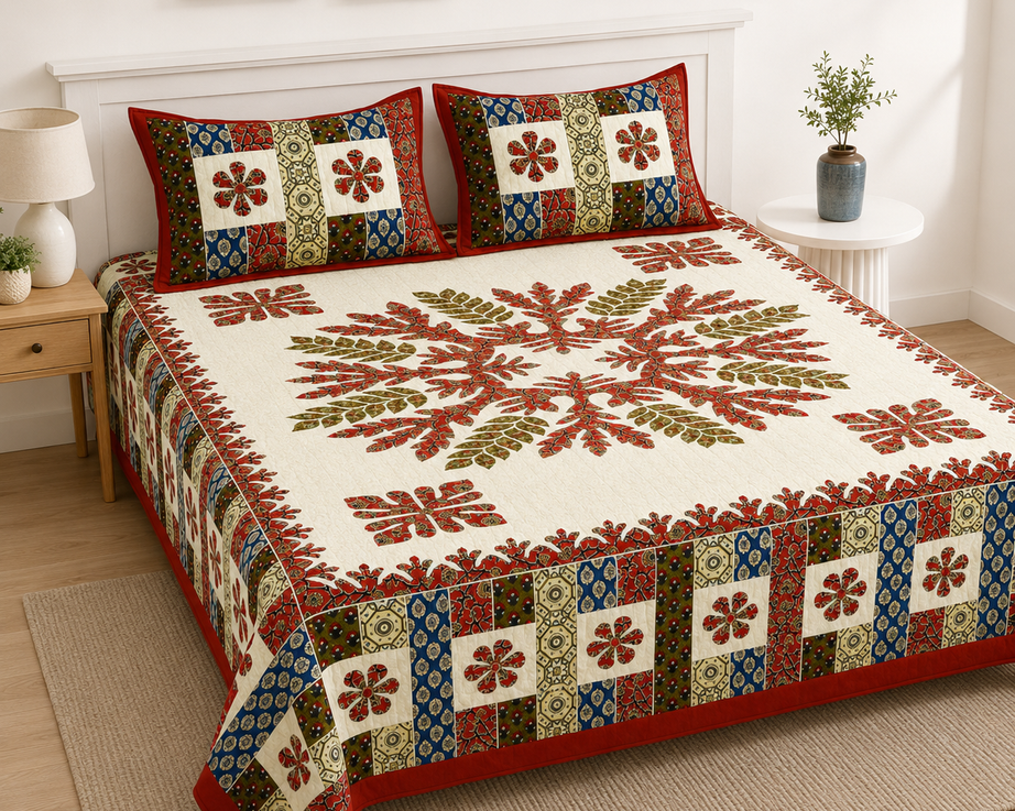 Pure Cotton King Size Bedsheet – Patchwork Design – Red, Blue, Olive & Cream