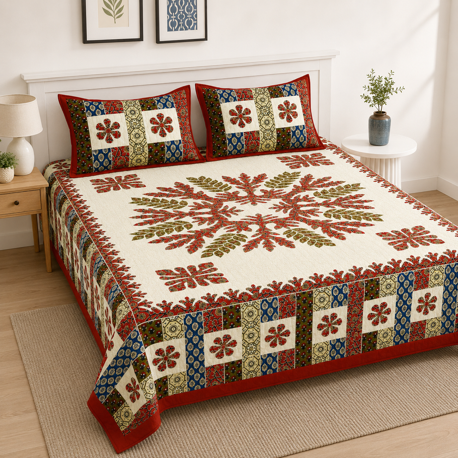 Pure Cotton King Size Bedsheet – Patchwork Design – Red, Blue, Olive & Cream